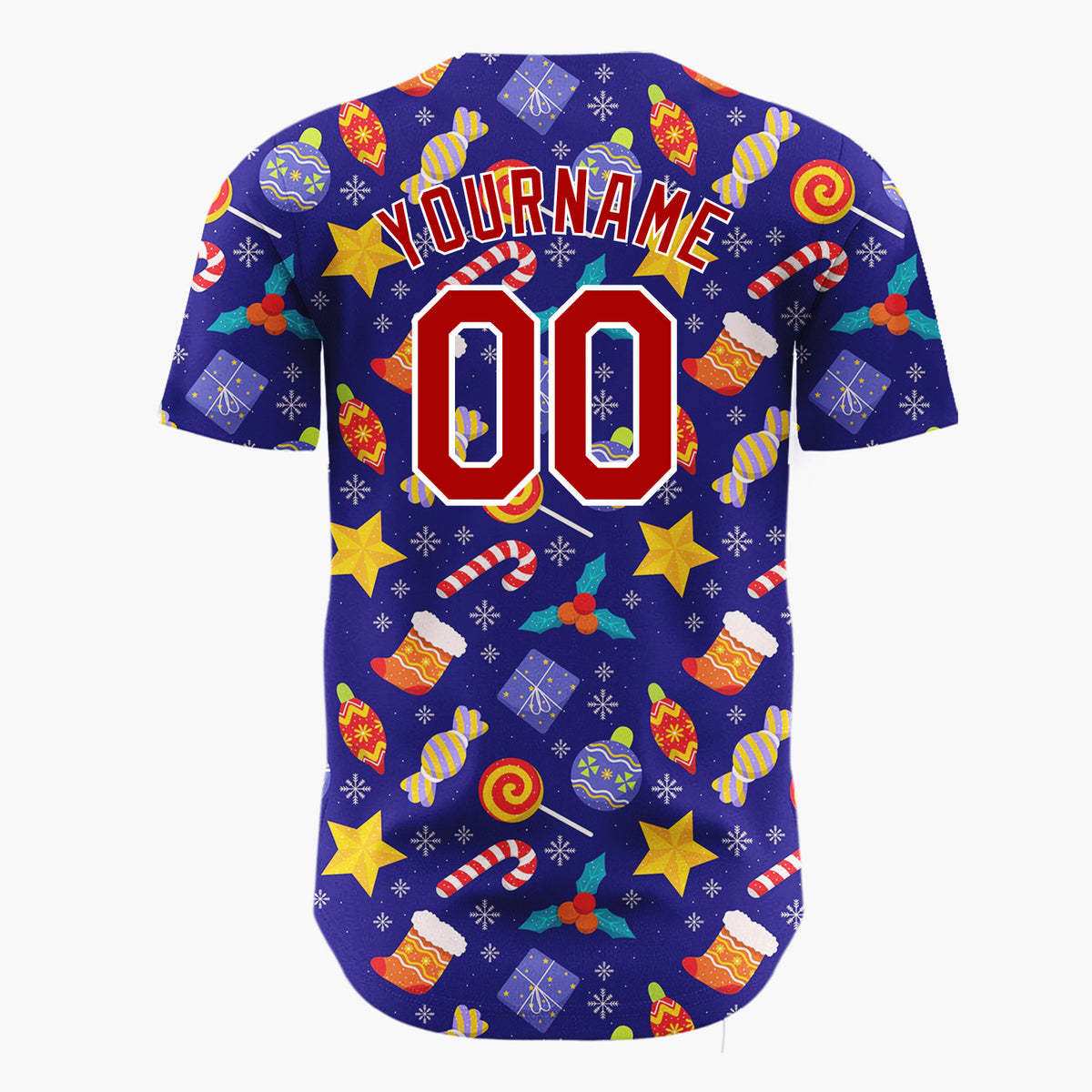Custom Navy Yellow Stars Candies And Gifts Festive Holiday Pattern Christmas Baseball Jersey