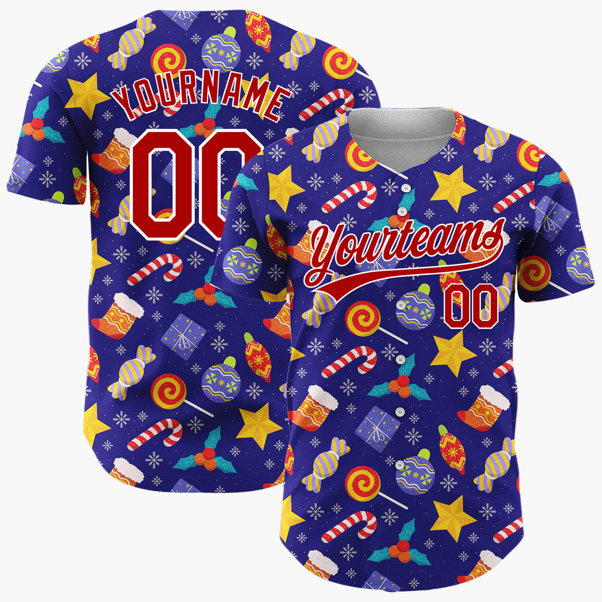 Custom Navy Yellow Stars Candies And Gifts Festive Holiday Pattern Christmas Baseball Jersey