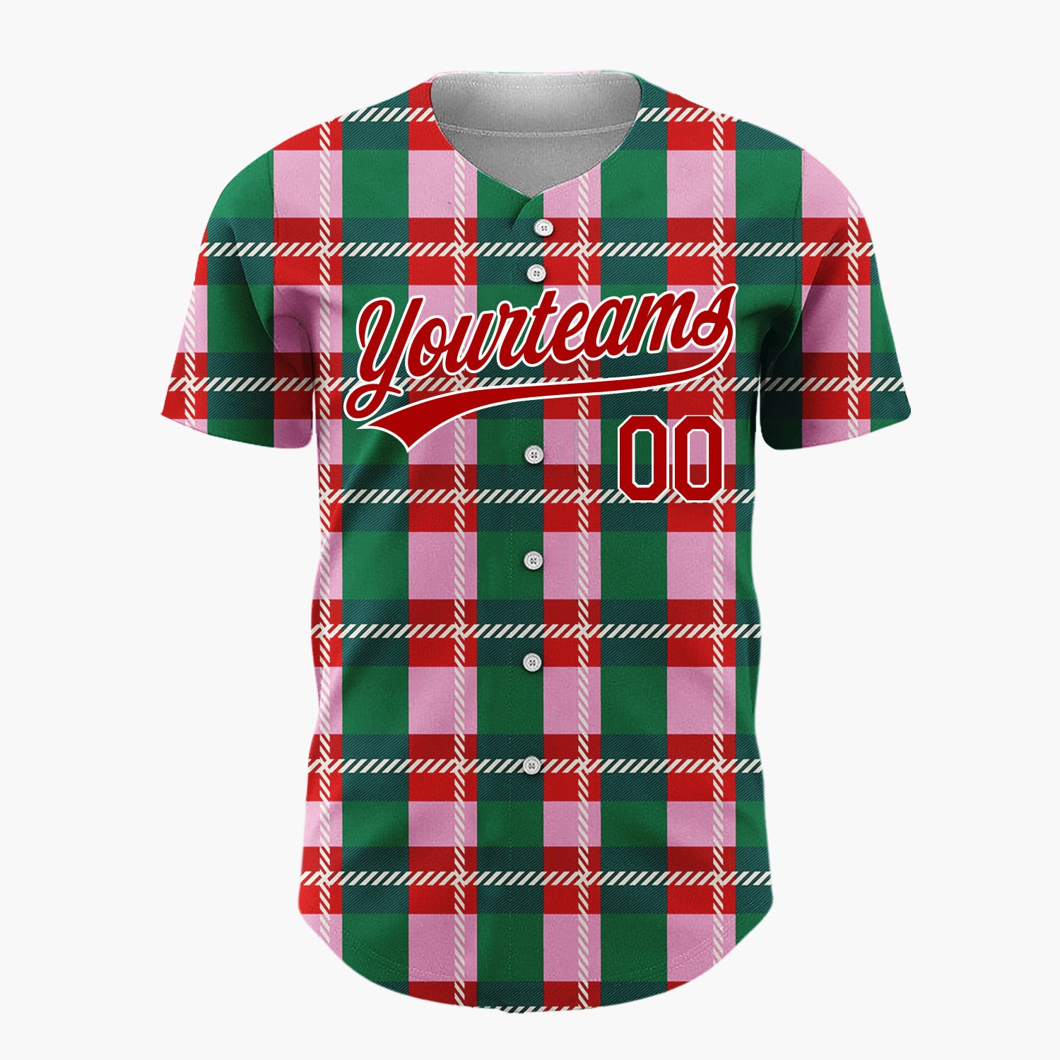 Custom Pink Green Plaid Tartan Christmas Baseball Jersey