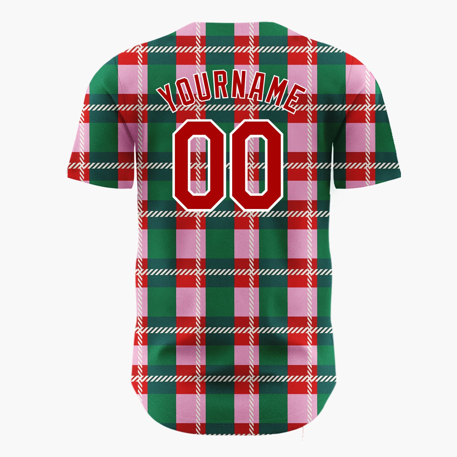 Custom Pink Green Plaid Tartan Christmas Baseball Jersey