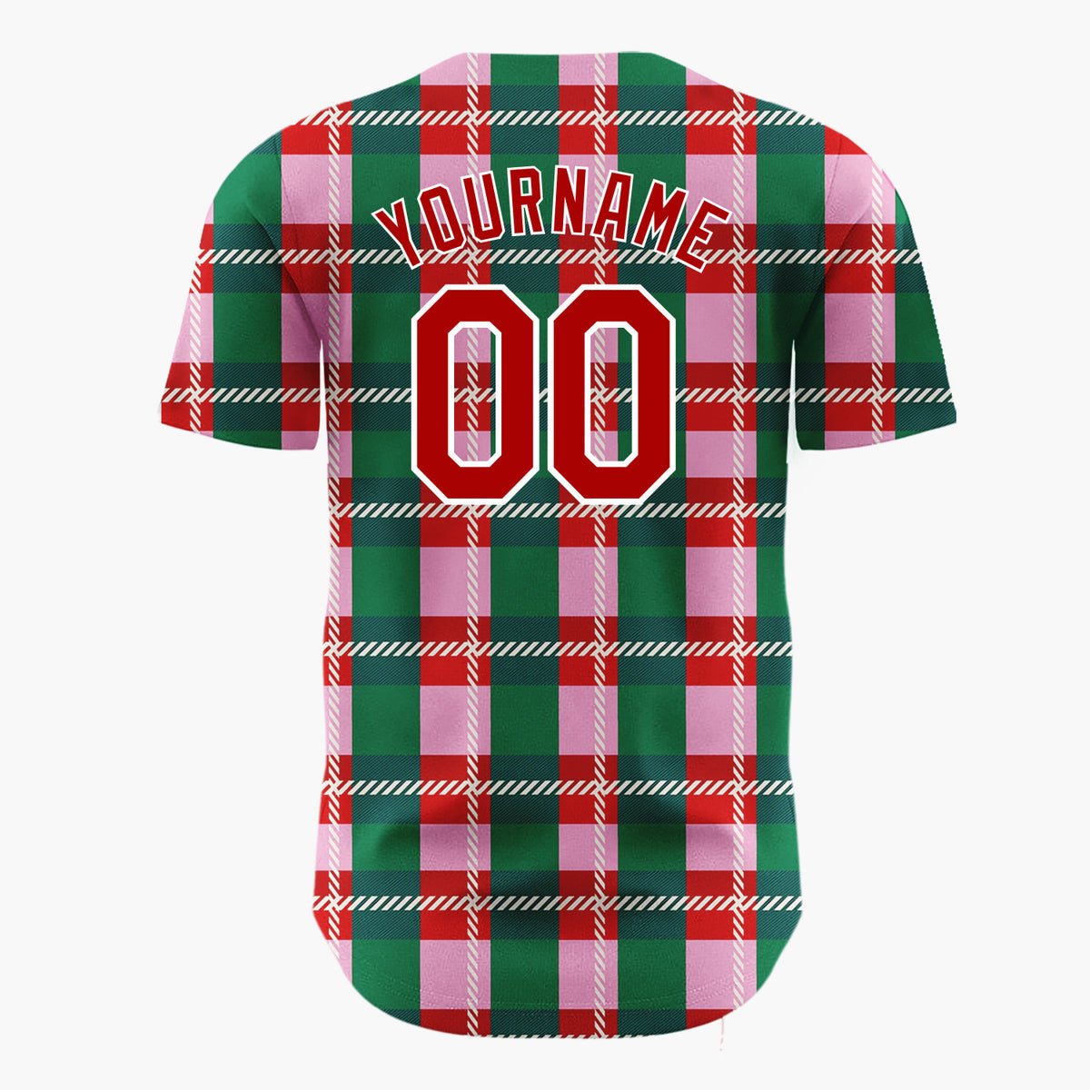 Custom Pink Green Plaid Tartan Christmas Baseball Jersey