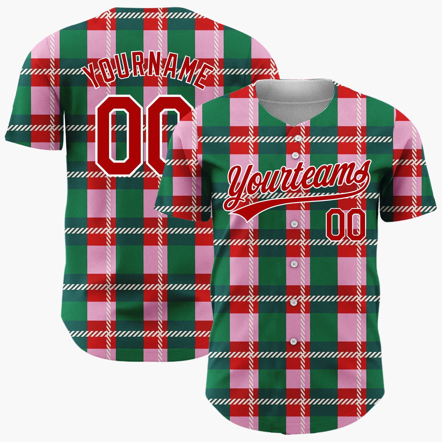 Custom Pink Green Plaid Tartan Christmas Baseball Jersey