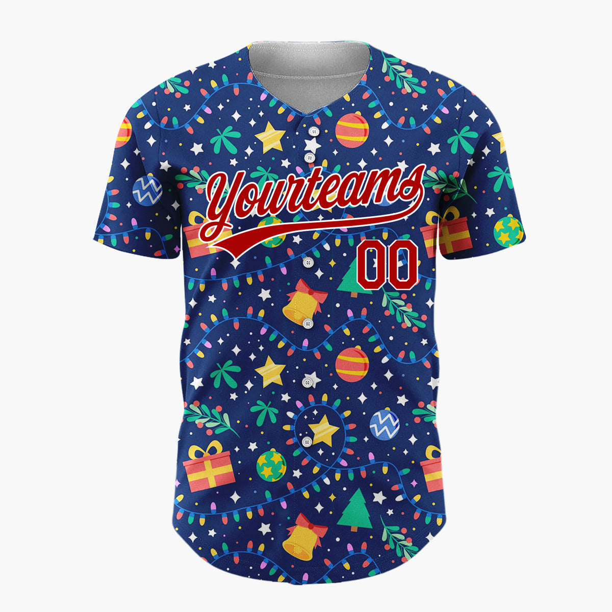 Custom Navy Holiday Ornaments And Lights Cheerful Christmas Baseball Jersey