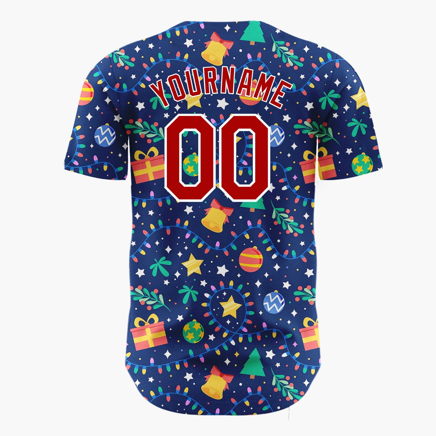 Custom Navy Holiday Ornaments And Lights Cheerful Christmas Baseball Jersey