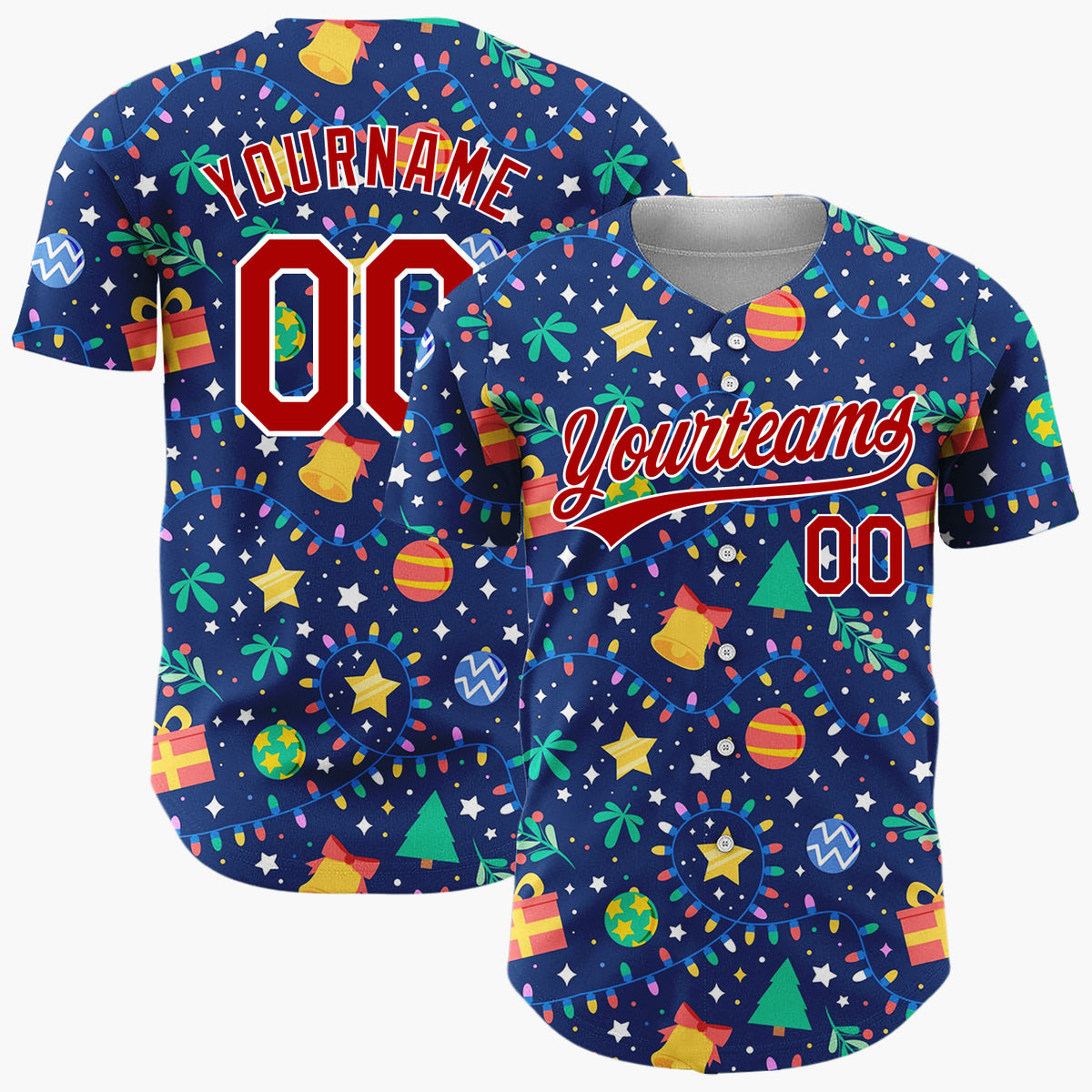 Custom Navy Holiday Ornaments And Lights Cheerful Christmas Baseball Jersey