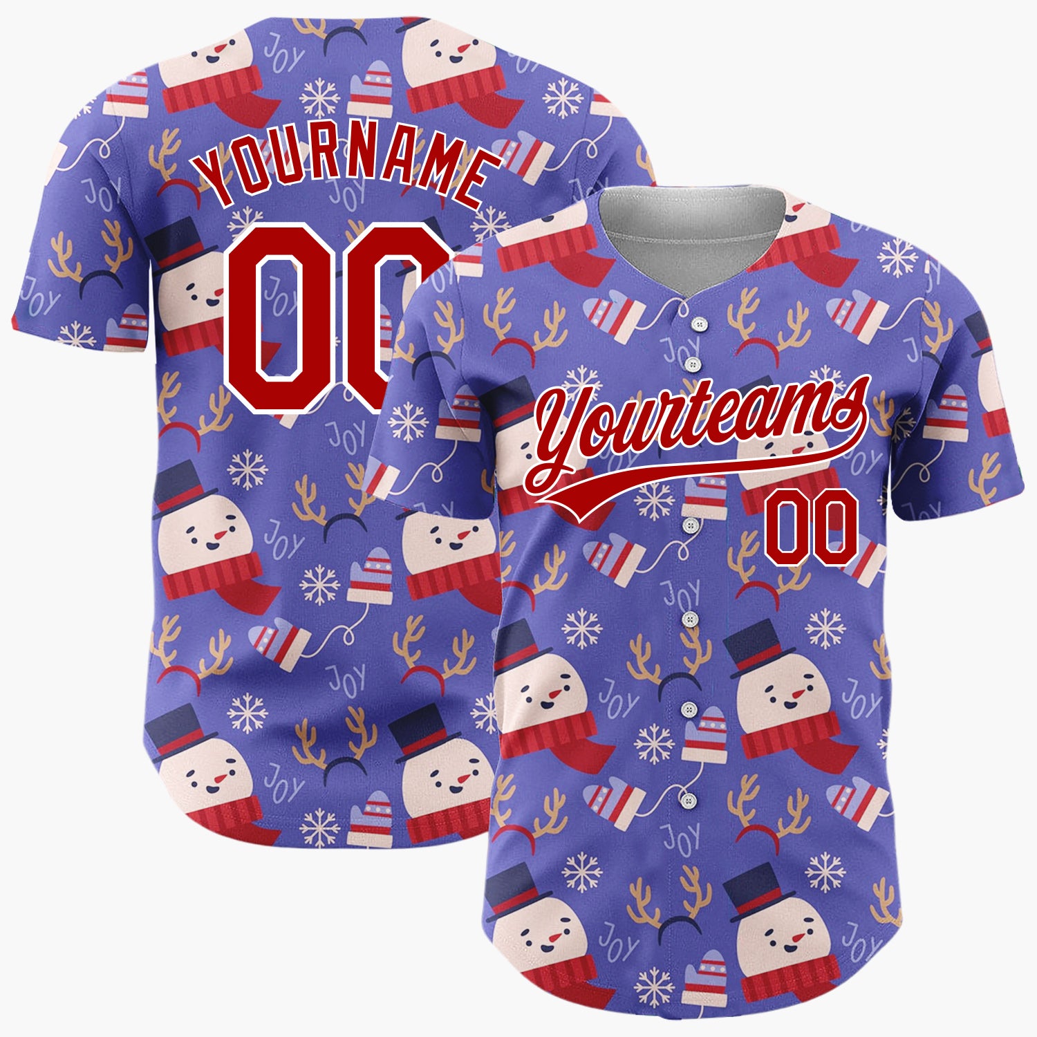 Custom Purple Red White Cute Snowman And Antlers Christmas Baseball Jersey