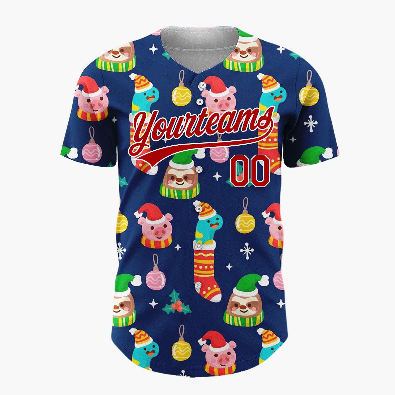 Custom Navy Green Yellow Sloths Piglets And Stockings Playful Christmas Baseball Jersey