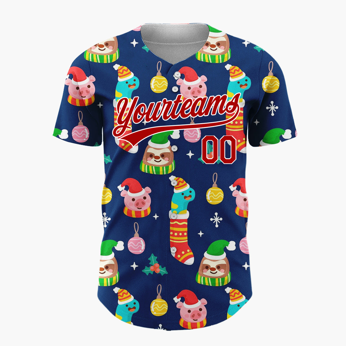 Custom Navy Green Yellow Sloths Piglets And Stockings Playful Christmas Baseball Jersey