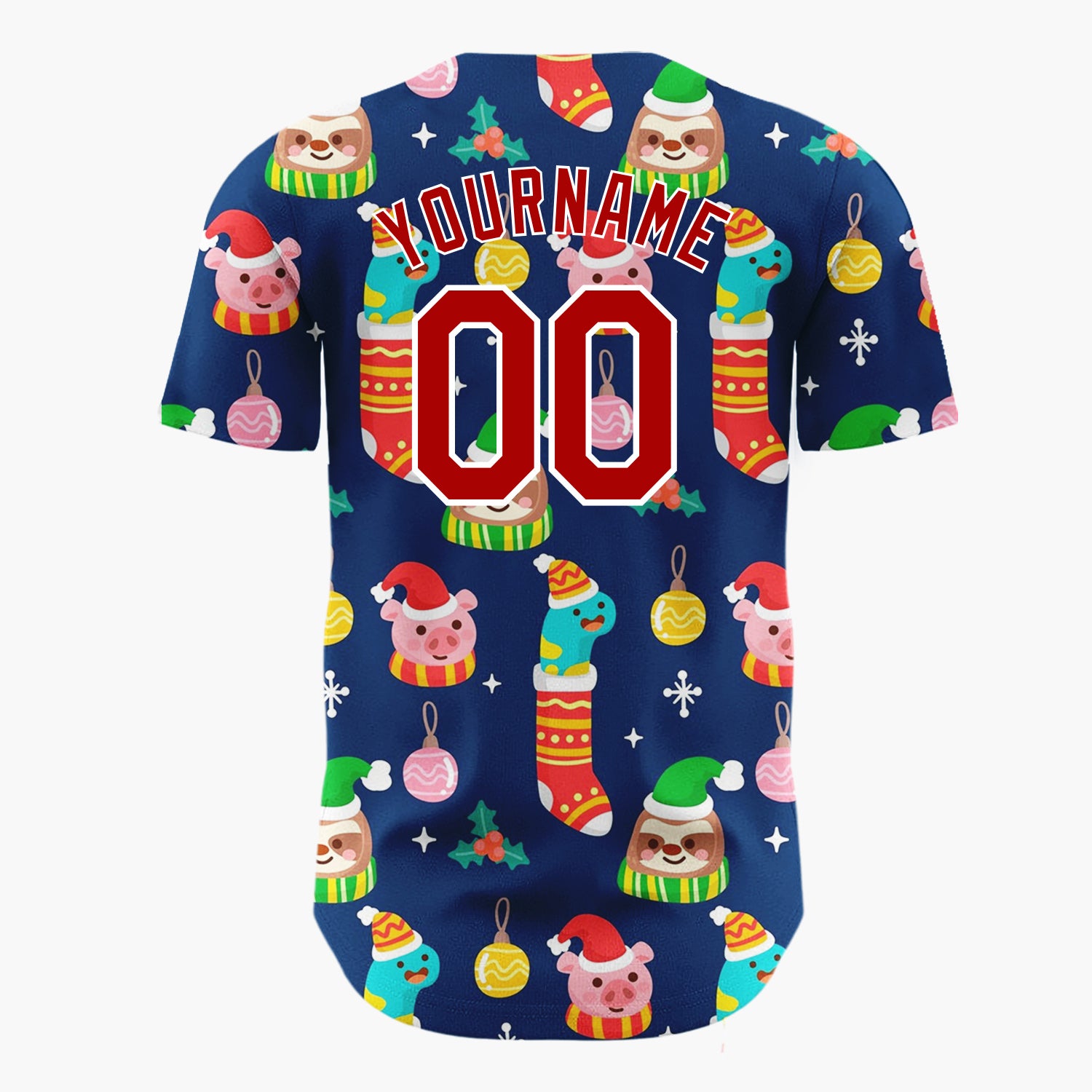 Custom Navy Green Yellow Sloths Piglets And Stockings Playful Christmas Baseball Jersey