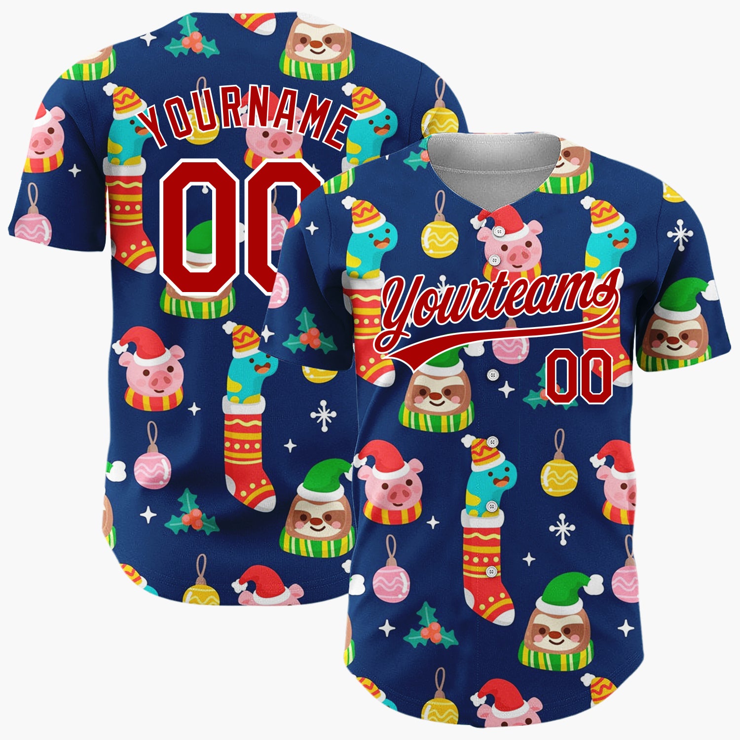 Custom Navy Green Yellow Sloths Piglets And Stockings Playful Christmas Baseball Jersey