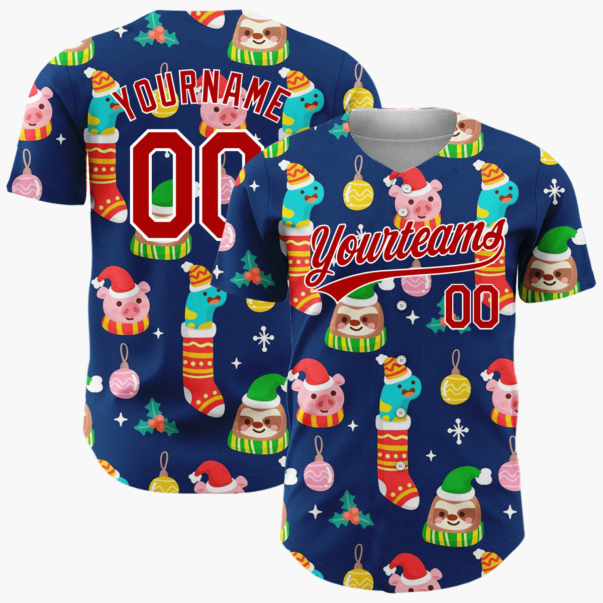Custom Navy Green Yellow Sloths Piglets And Stockings Playful Christmas Baseball Jersey
