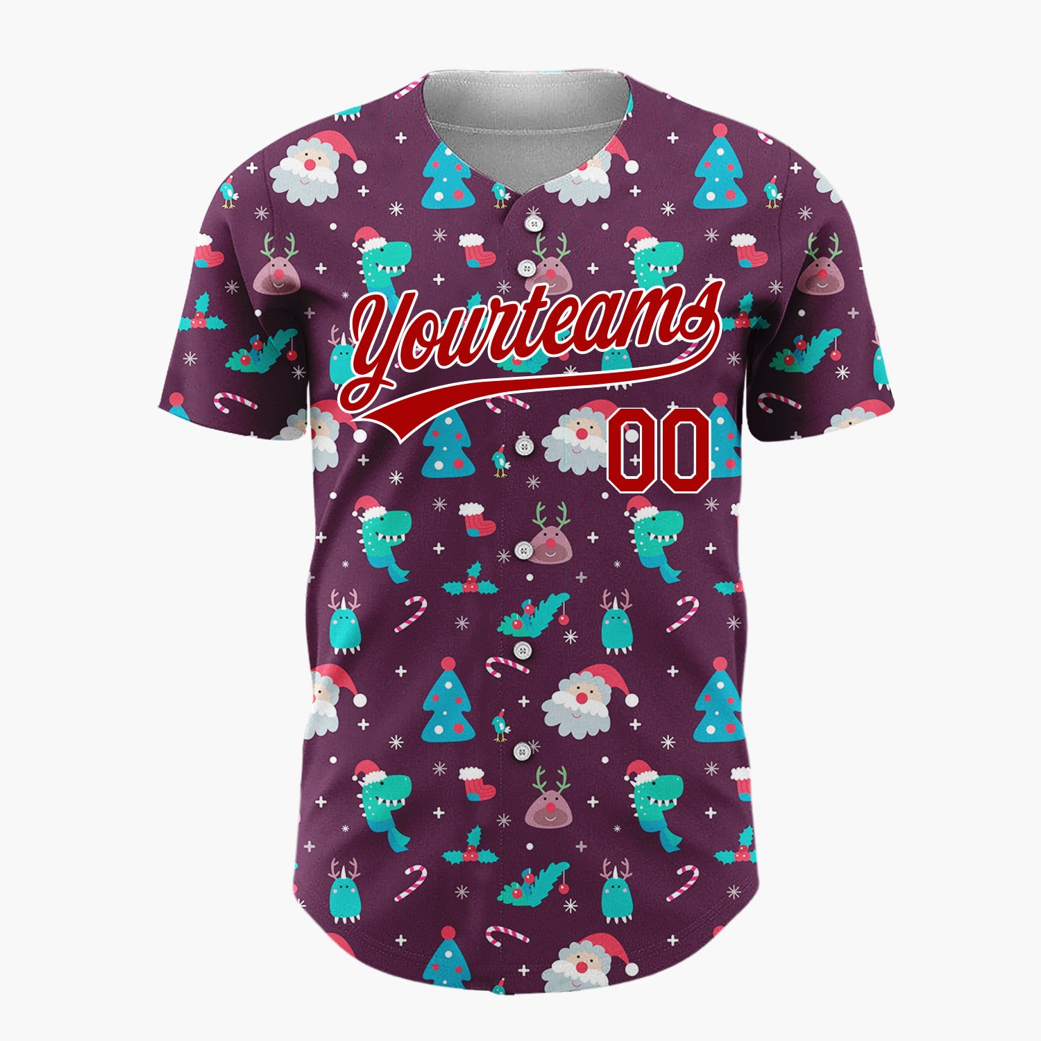 Custom Purple Multicolor Santa Dinosaur Monster Whimsical Christmas Baseball Jersey