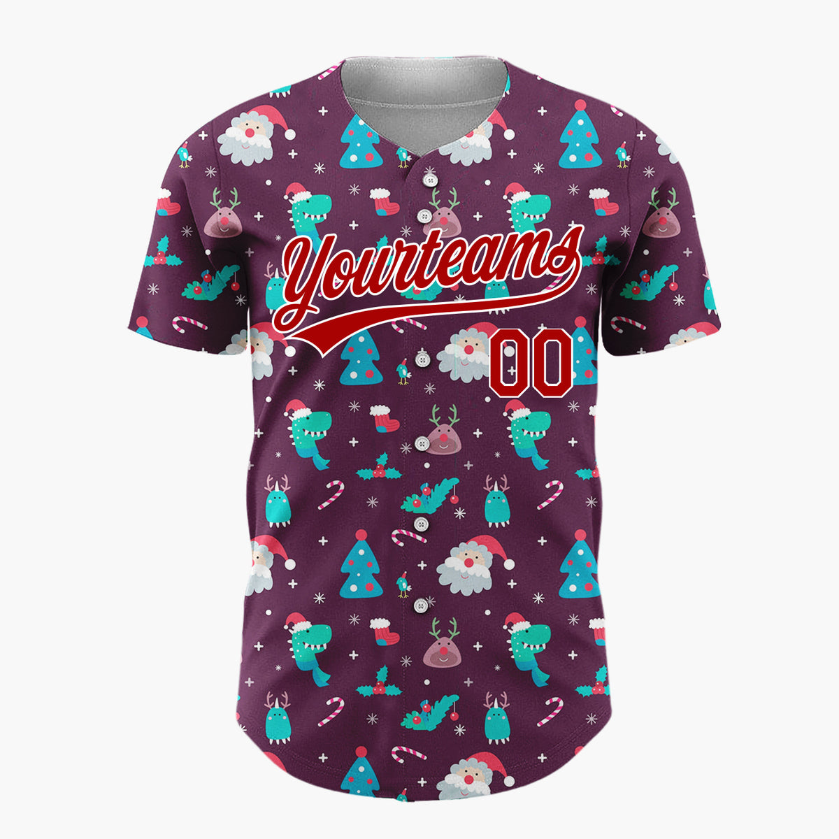 Custom Purple Multicolor Santa Dinosaur Monster Whimsical Christmas Baseball Jersey