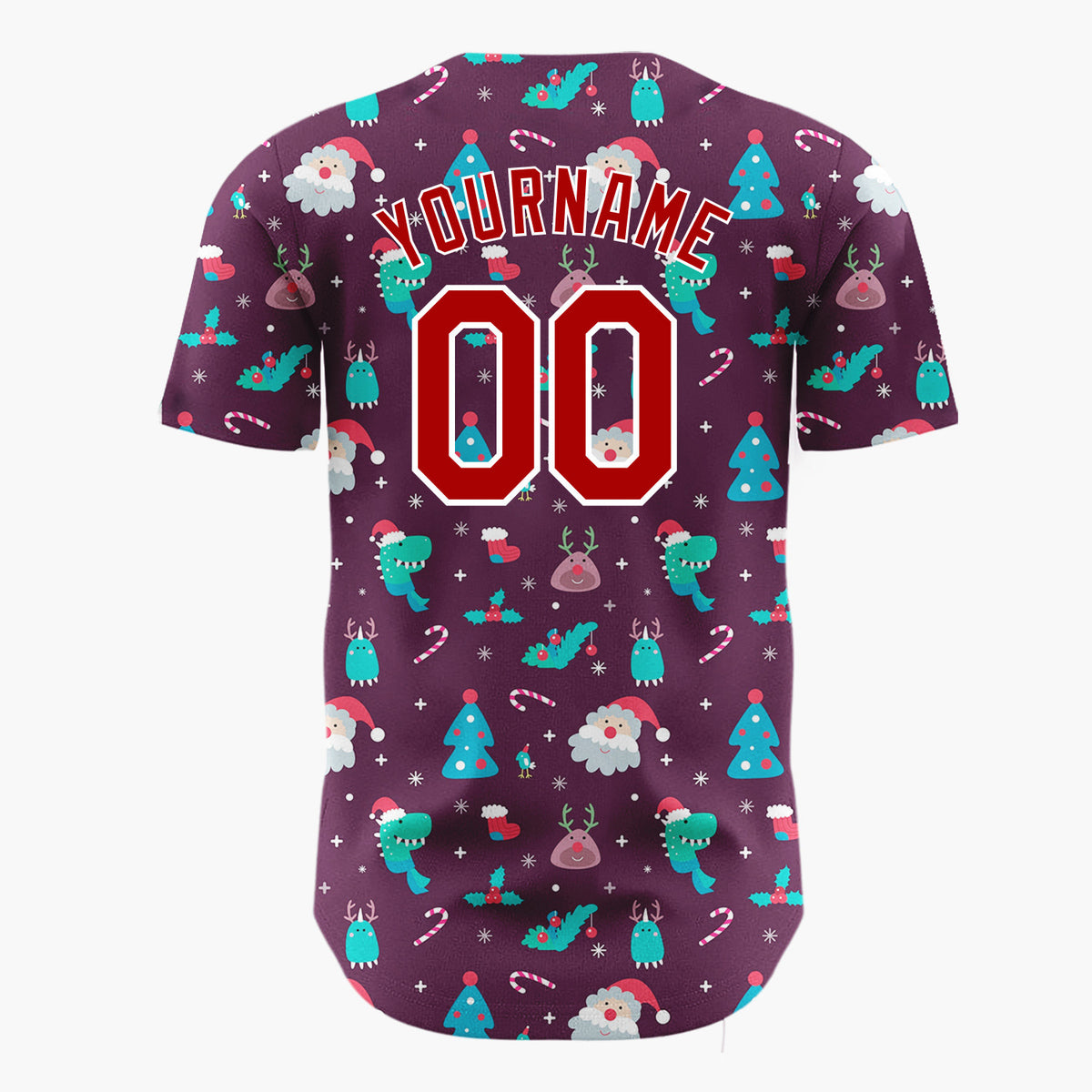 Custom Purple Multicolor Santa Dinosaur Monster Whimsical Christmas Baseball Jersey