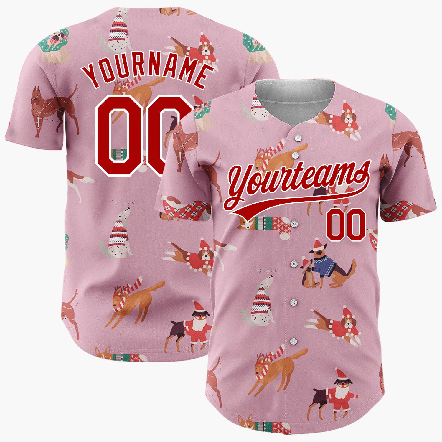 Custom Pink Christmas Dogs Festive Flat Illustration Pattern Christmas Baseball Jersey
