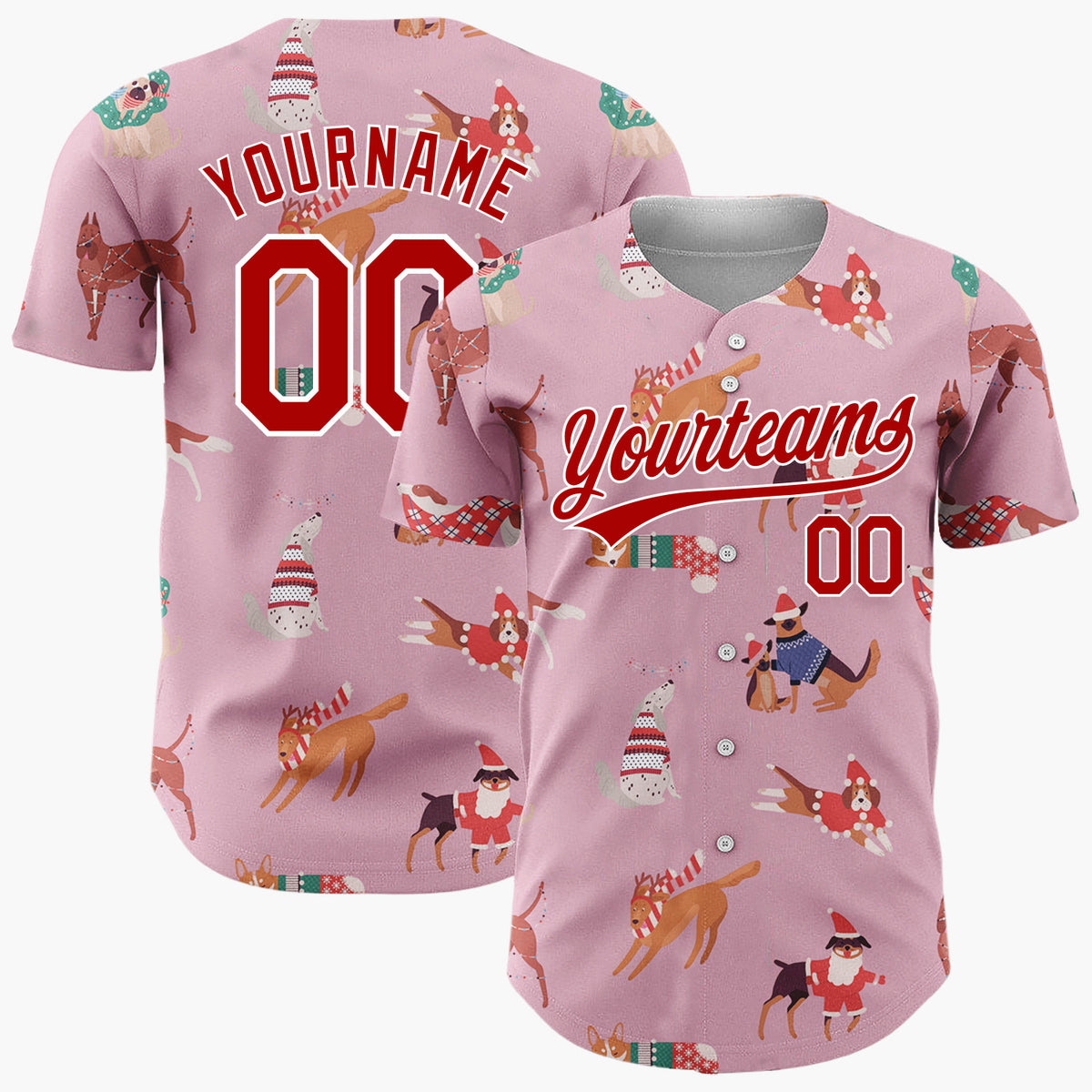 Custom Pink Christmas Dogs Festive Flat Illustration Pattern Christmas Baseball Jersey