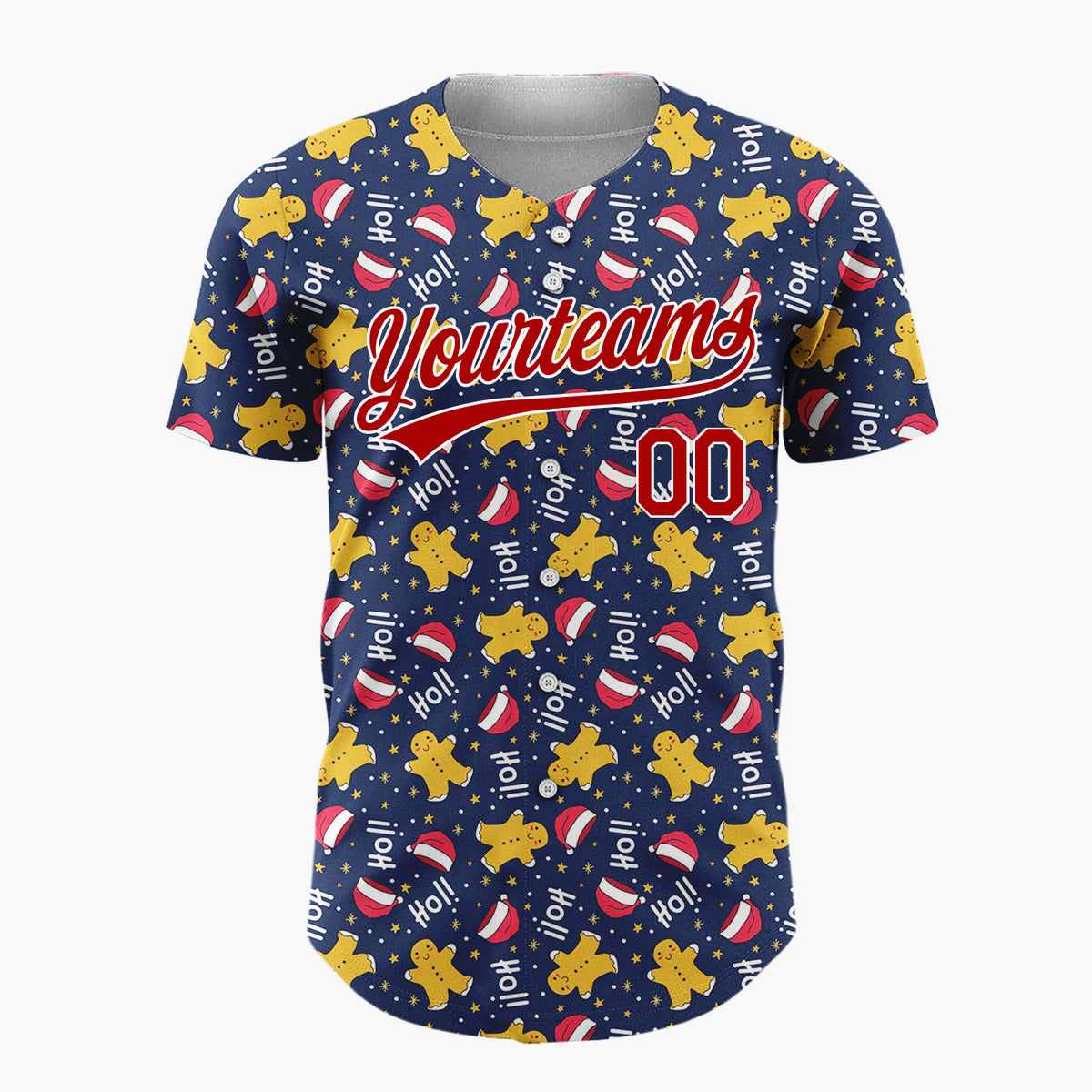 Custom Navy Red Yellow HoHoHo Gingerbread And Santa Hats Playful Holiday Pattern Christmas Baseball Jersey