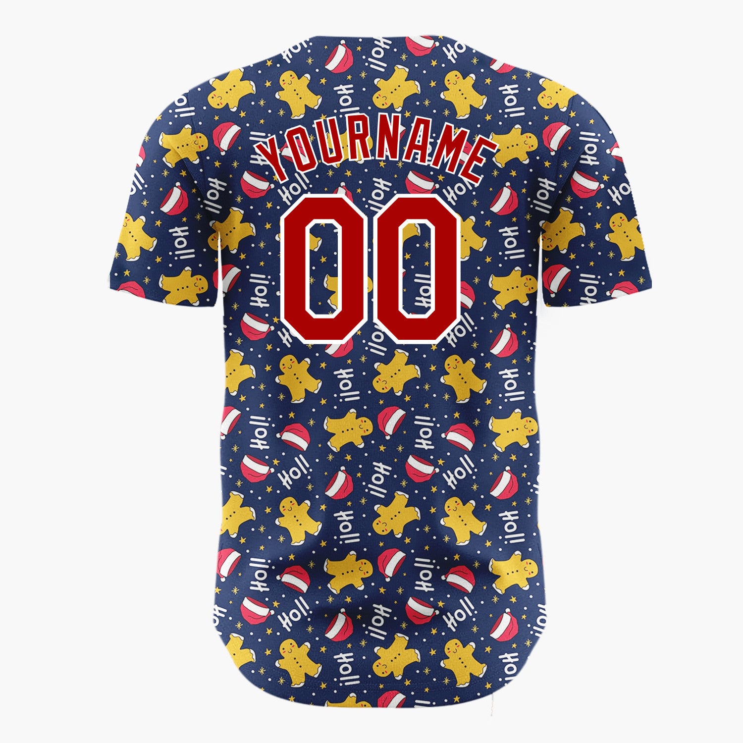 Custom Navy Red Yellow HoHoHo Gingerbread And Santa Hats Playful Holiday Pattern Christmas Baseball Jersey