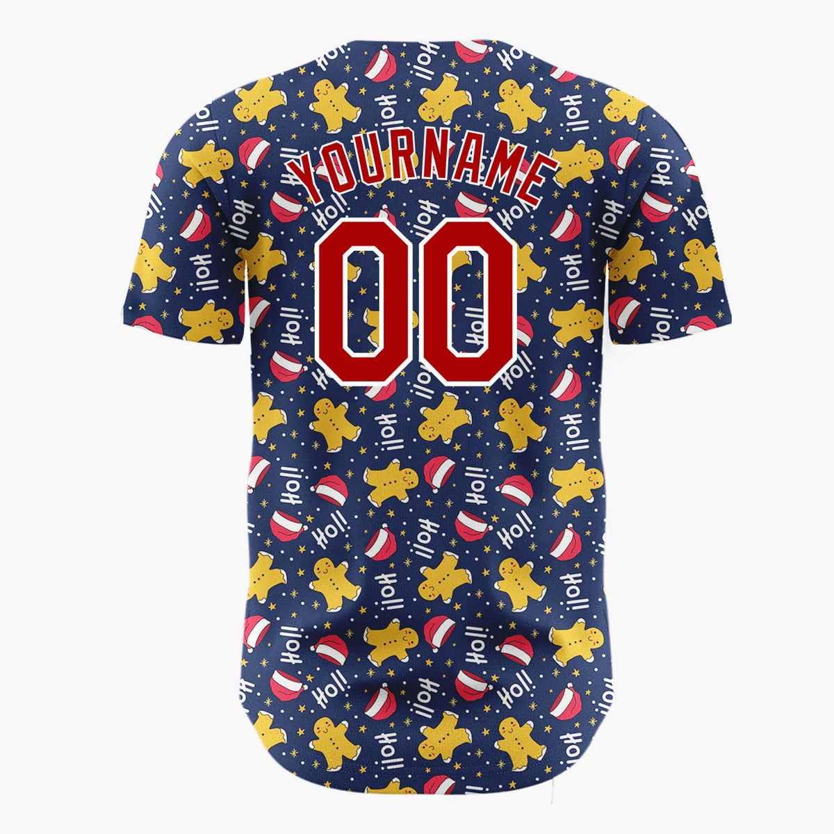 Custom Navy Red Yellow HoHoHo Gingerbread And Santa Hats Playful Holiday Pattern Christmas Baseball Jersey