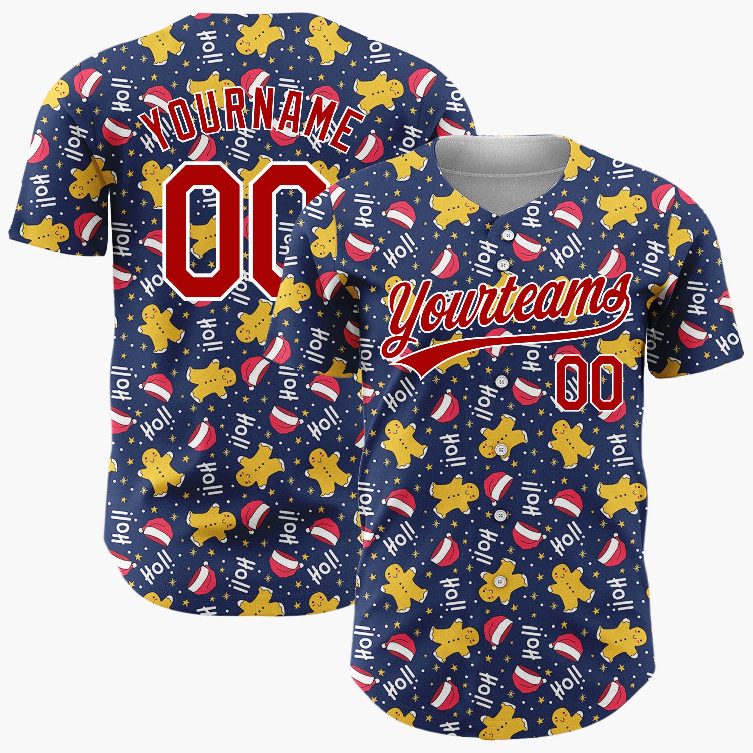 Custom Navy Red Yellow HoHoHo Gingerbread And Santa Hats Playful Holiday Pattern Christmas Baseball Jersey