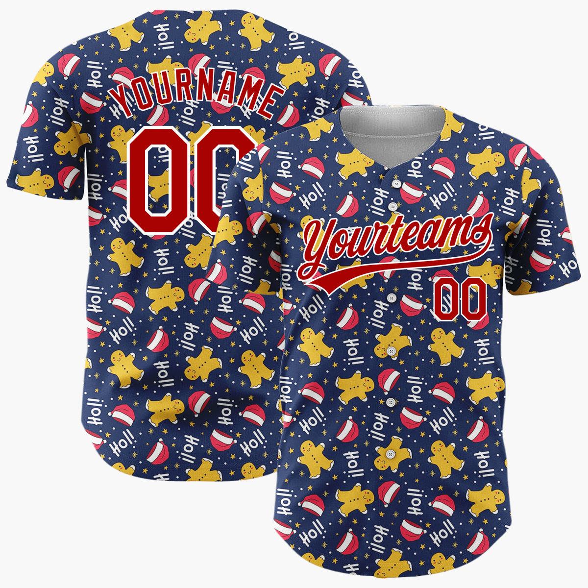 Custom Navy Red Yellow HoHoHo Gingerbread And Santa Hats Playful Holiday Pattern Christmas Baseball Jersey