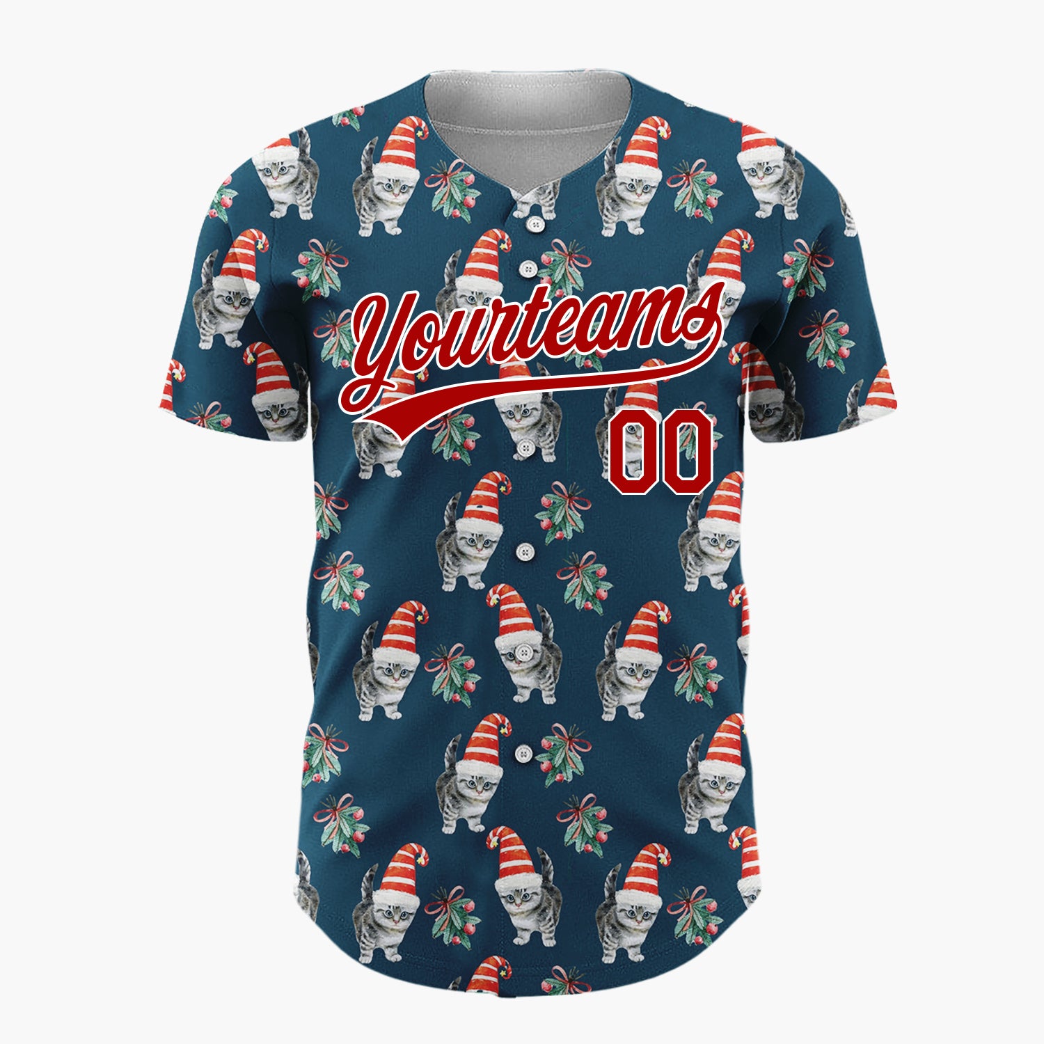 Custom Navy Kitten In Santa Hat Watercolor Christmas Baseball Jersey