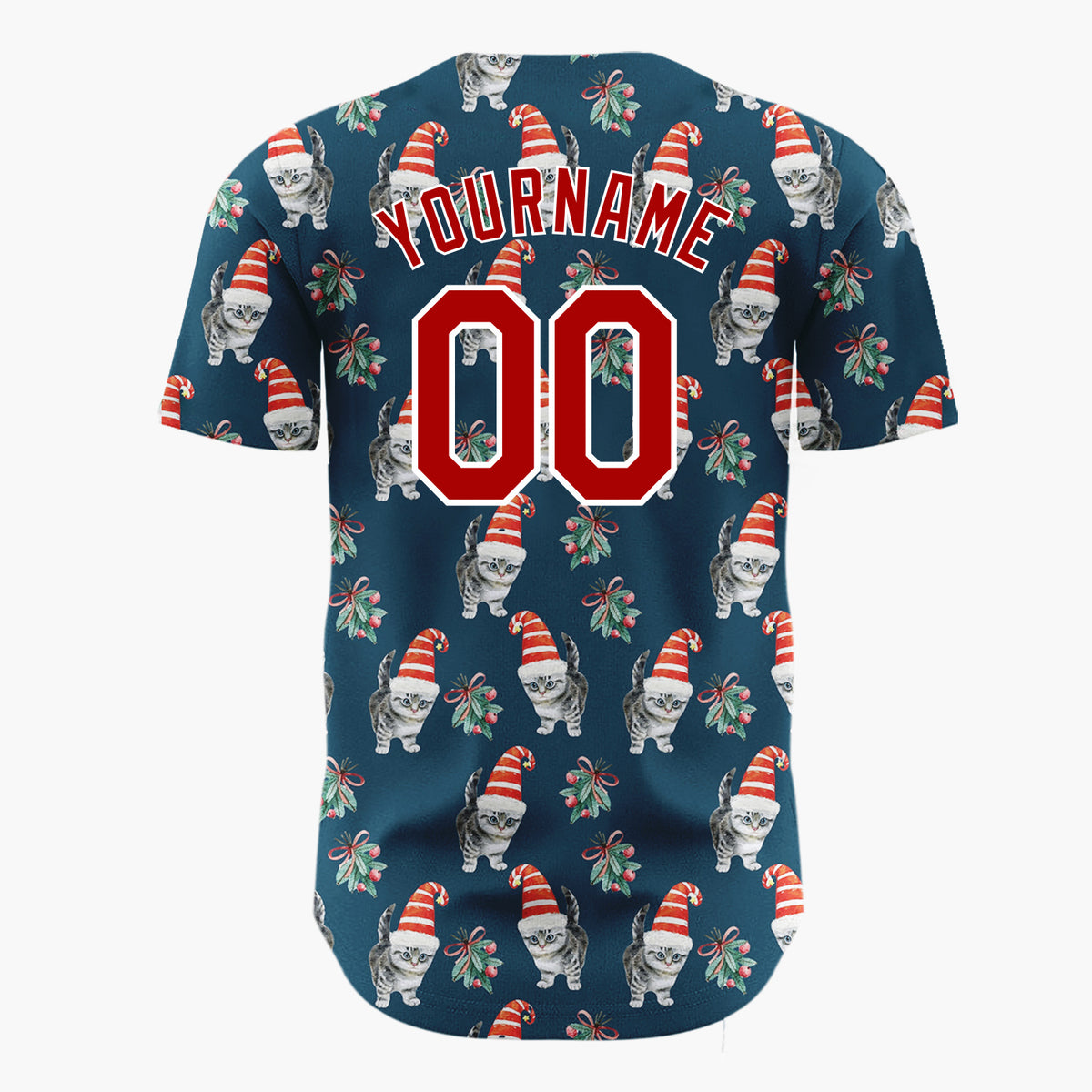 Custom Navy Kitten In Santa Hat Watercolor Christmas Baseball Jersey