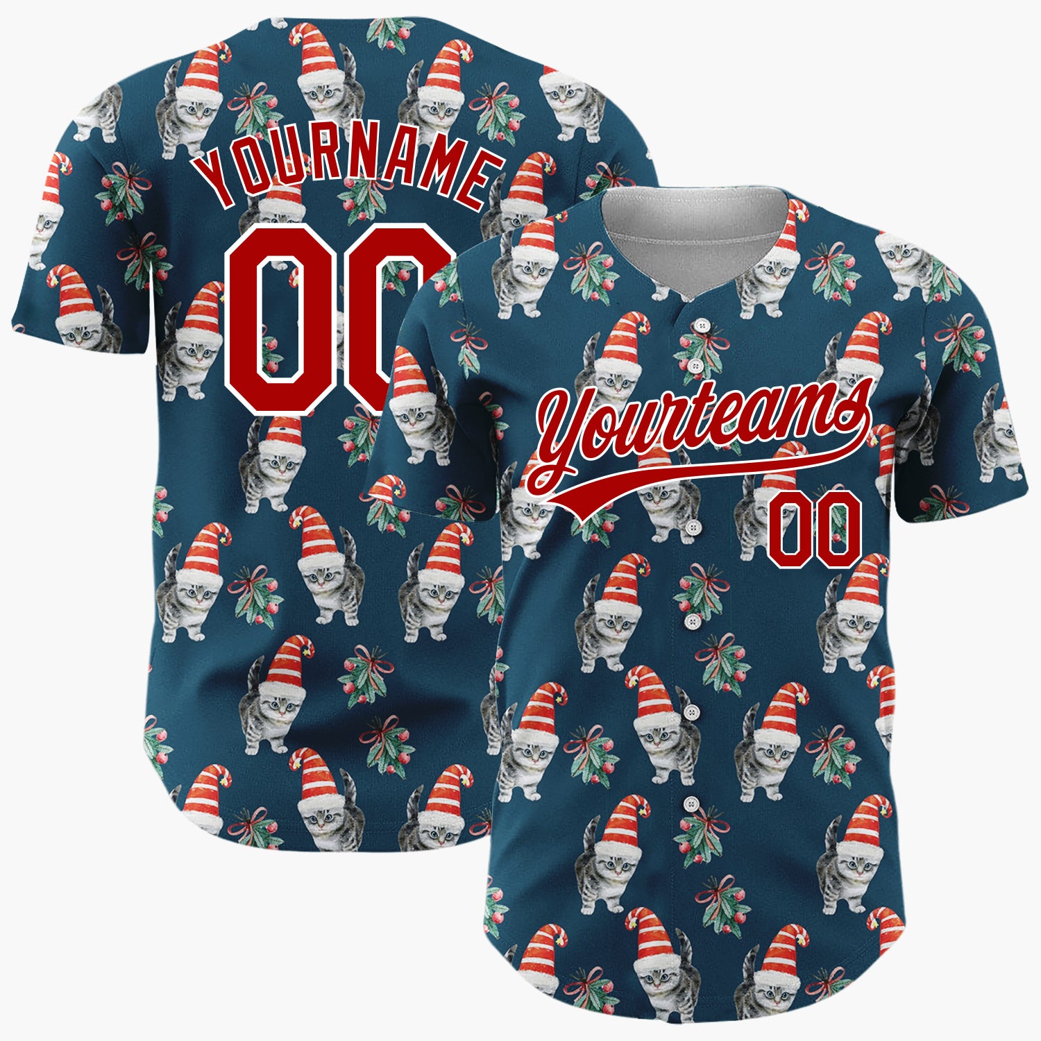 Custom Navy Kitten In Santa Hat Watercolor Christmas Baseball Jersey