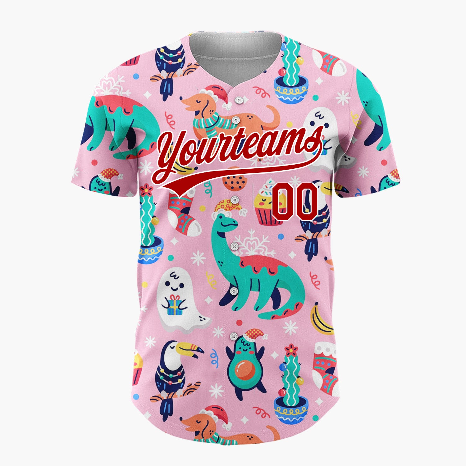Custom Pink Green Dinosaurs Dogs And Avocados Playful Christmas Baseball Jersey