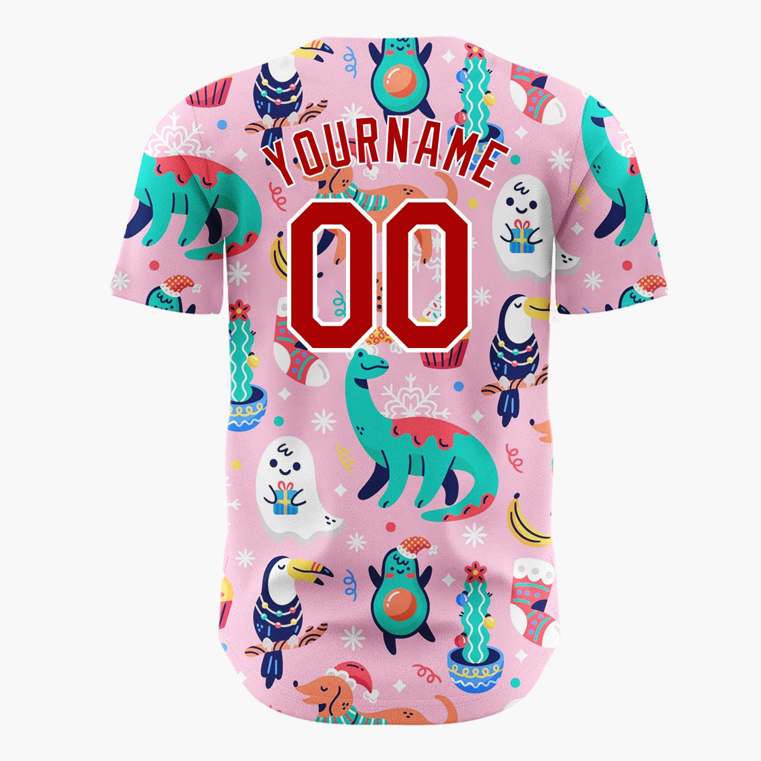 Custom Pink Green Dinosaurs Dogs And Avocados Playful Christmas Baseball Jersey