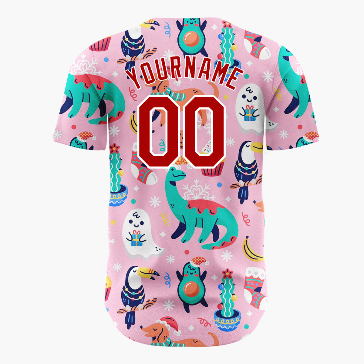 Custom Pink Green Dinosaurs Dogs And Avocados Playful Christmas Baseball Jersey