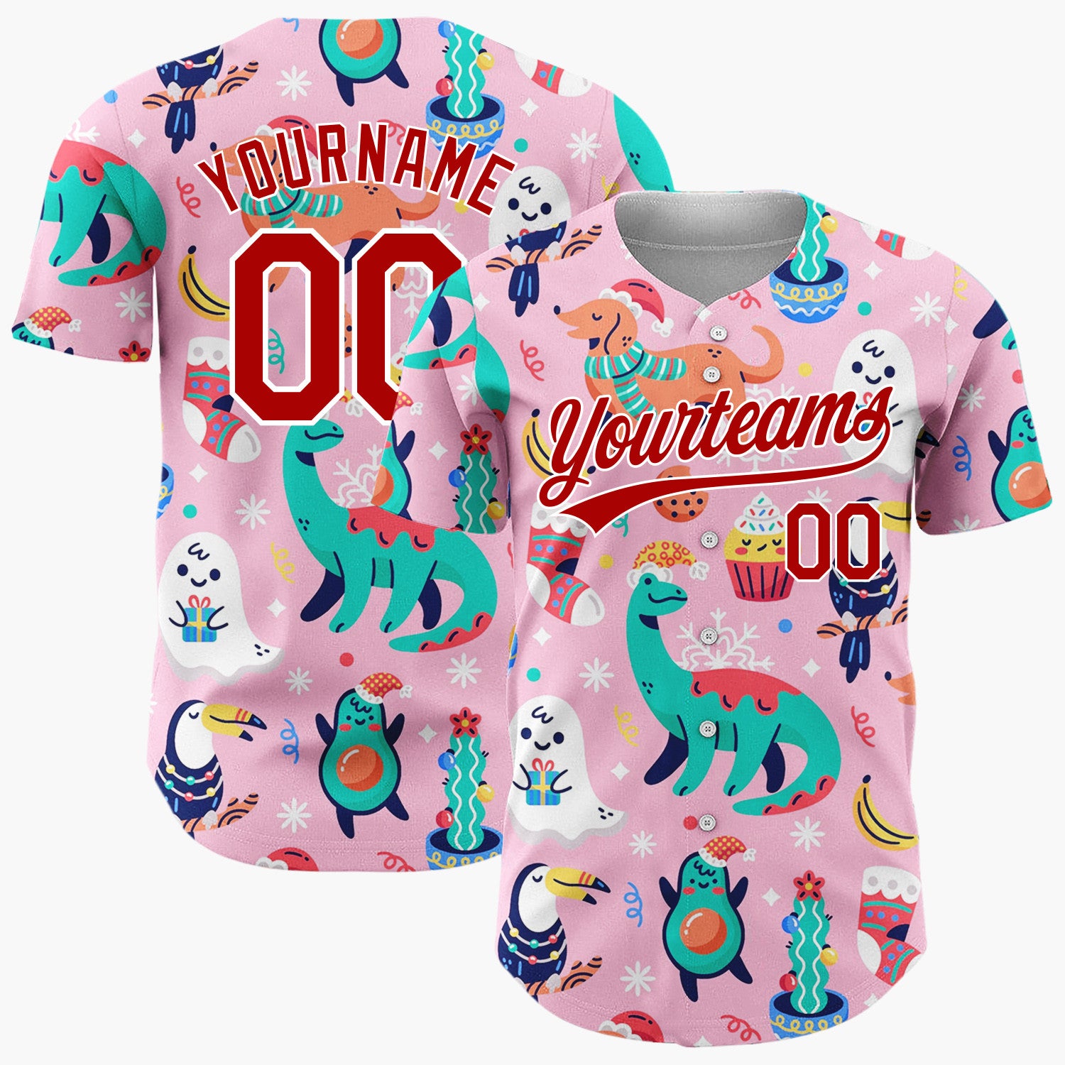 Custom Pink Green Dinosaurs Dogs And Avocados Playful Christmas Baseball Jersey