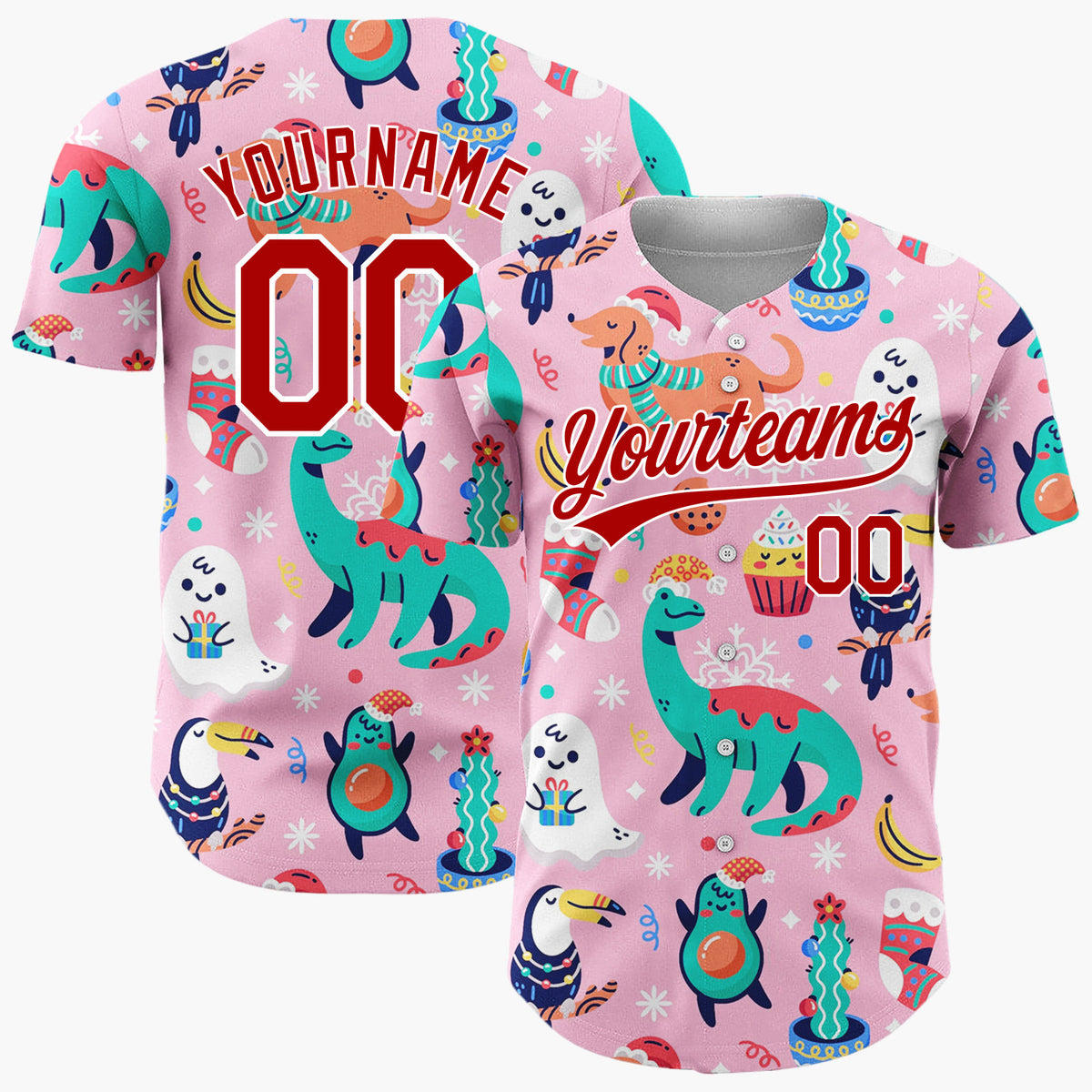 Custom Pink Green Dinosaurs Dogs And Avocados Playful Christmas Baseball Jersey