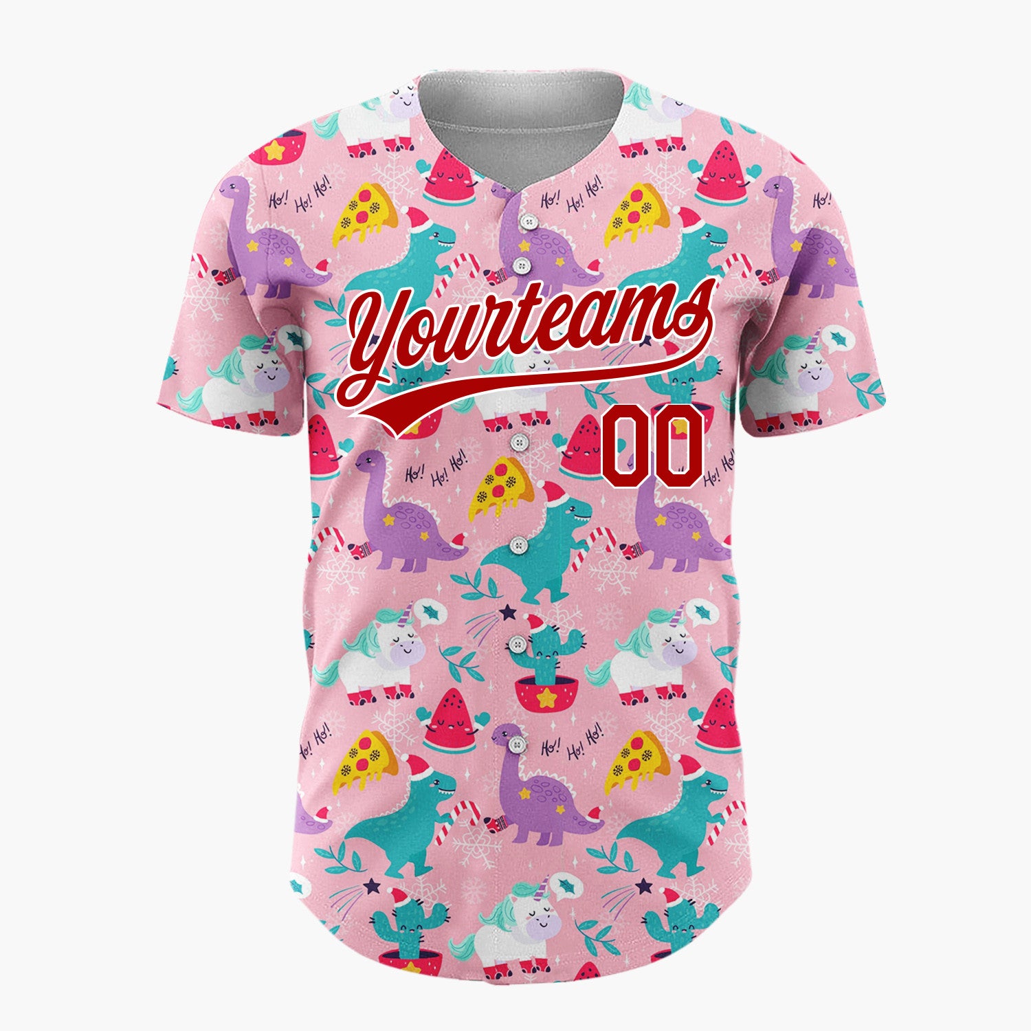 Custom Pink Green Dinosaurs Unicorns And Pizzas Whimsical Christmas Baseball Jersey
