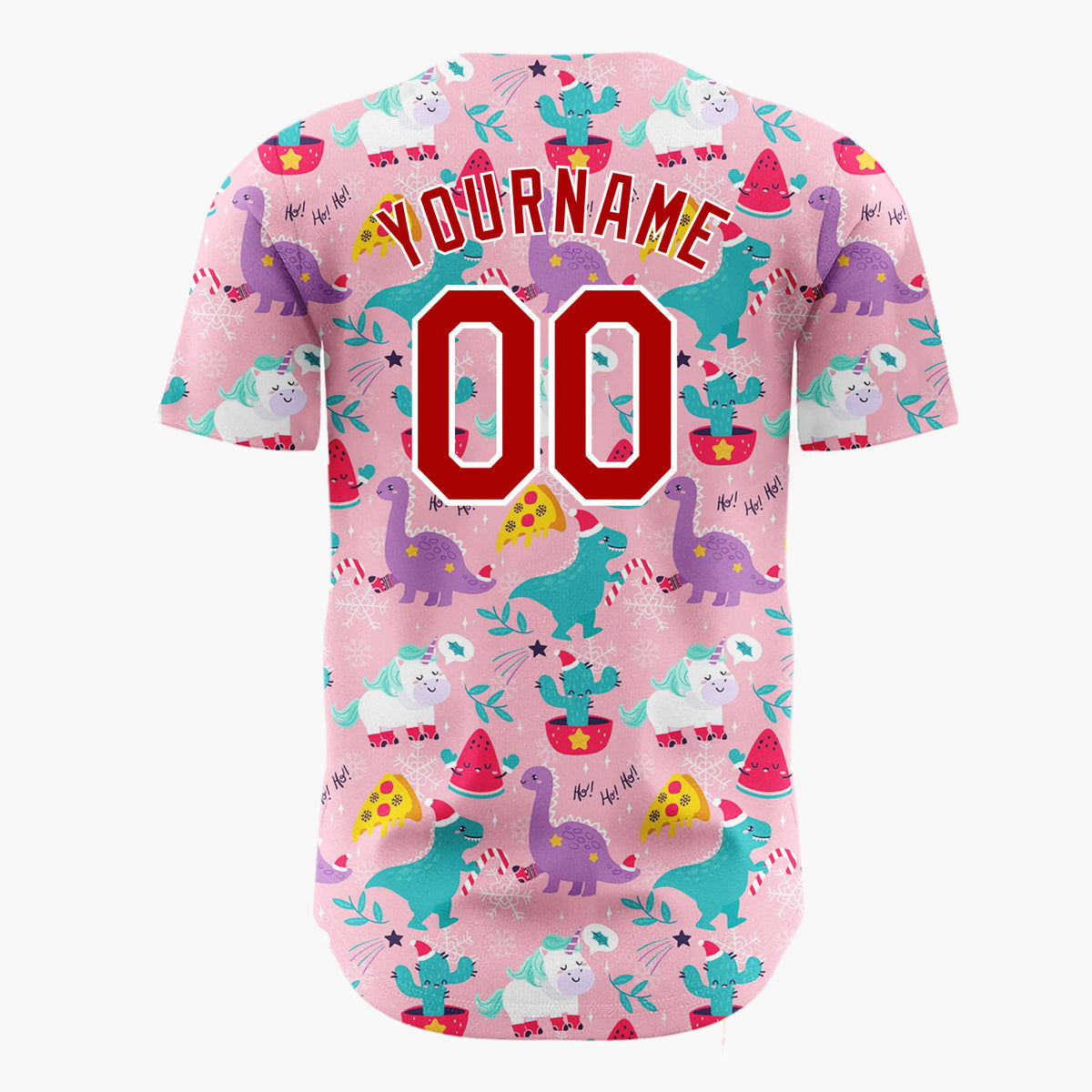 Custom Pink Green Dinosaurs Unicorns And Pizzas Whimsical Christmas Baseball Jersey