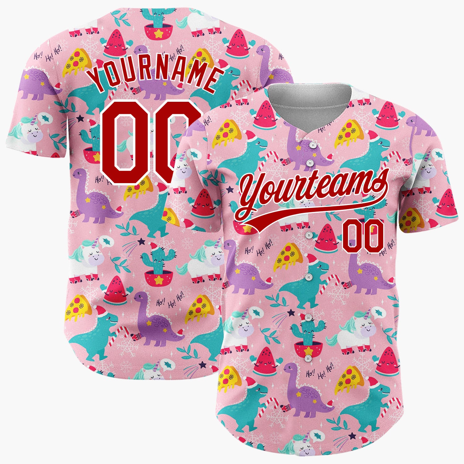 Custom Pink Green Dinosaurs Unicorns And Pizzas Whimsical Christmas Baseball Jersey