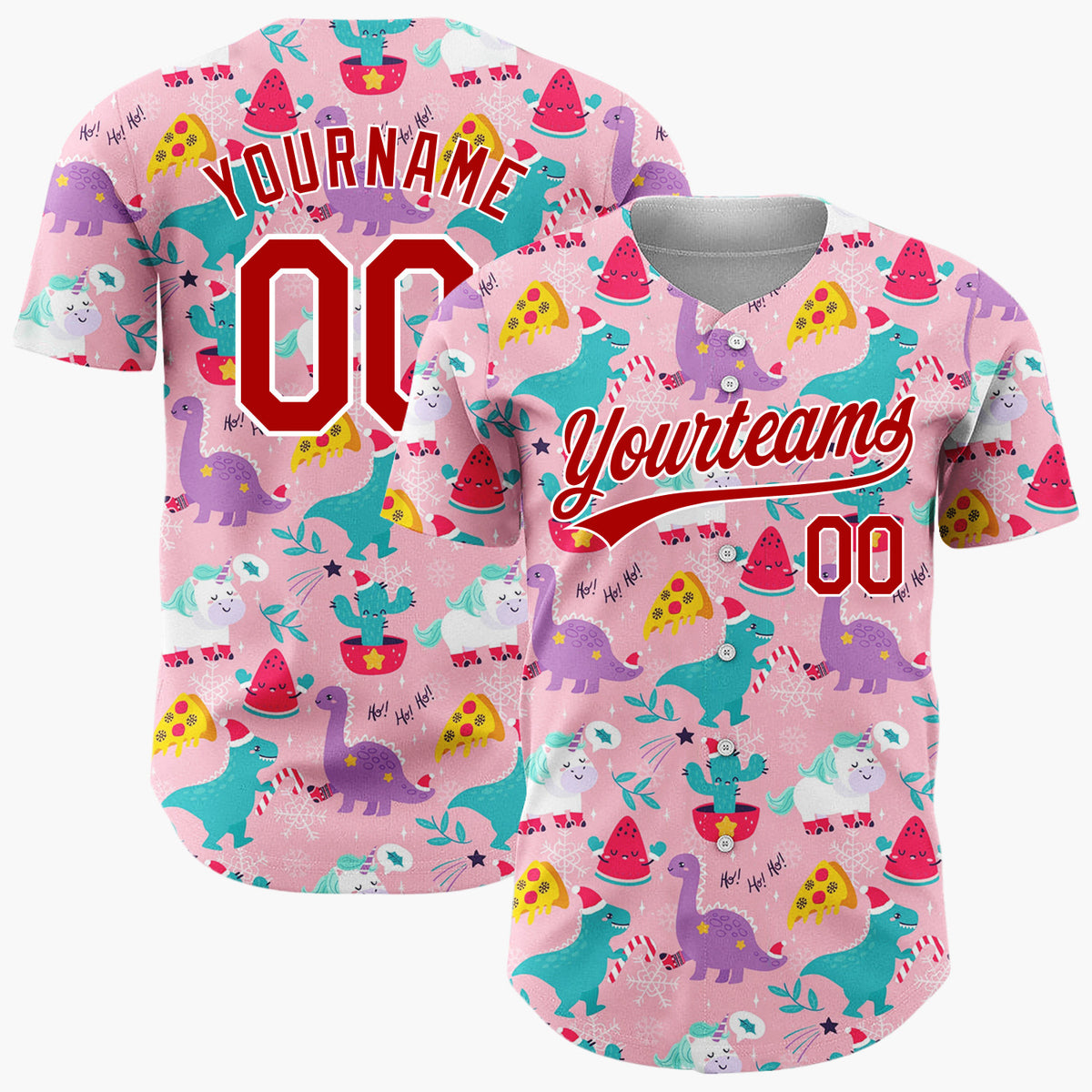 Custom Pink Green Dinosaurs Unicorns And Pizzas Whimsical Christmas Baseball Jersey
