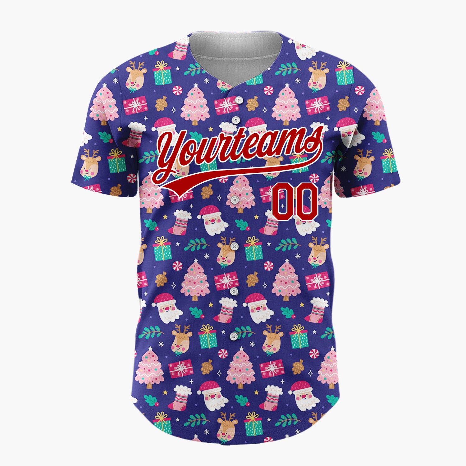 Custom Navy Pink Santa Reindeer And Gifts Cute Christmas Baseball Jersey