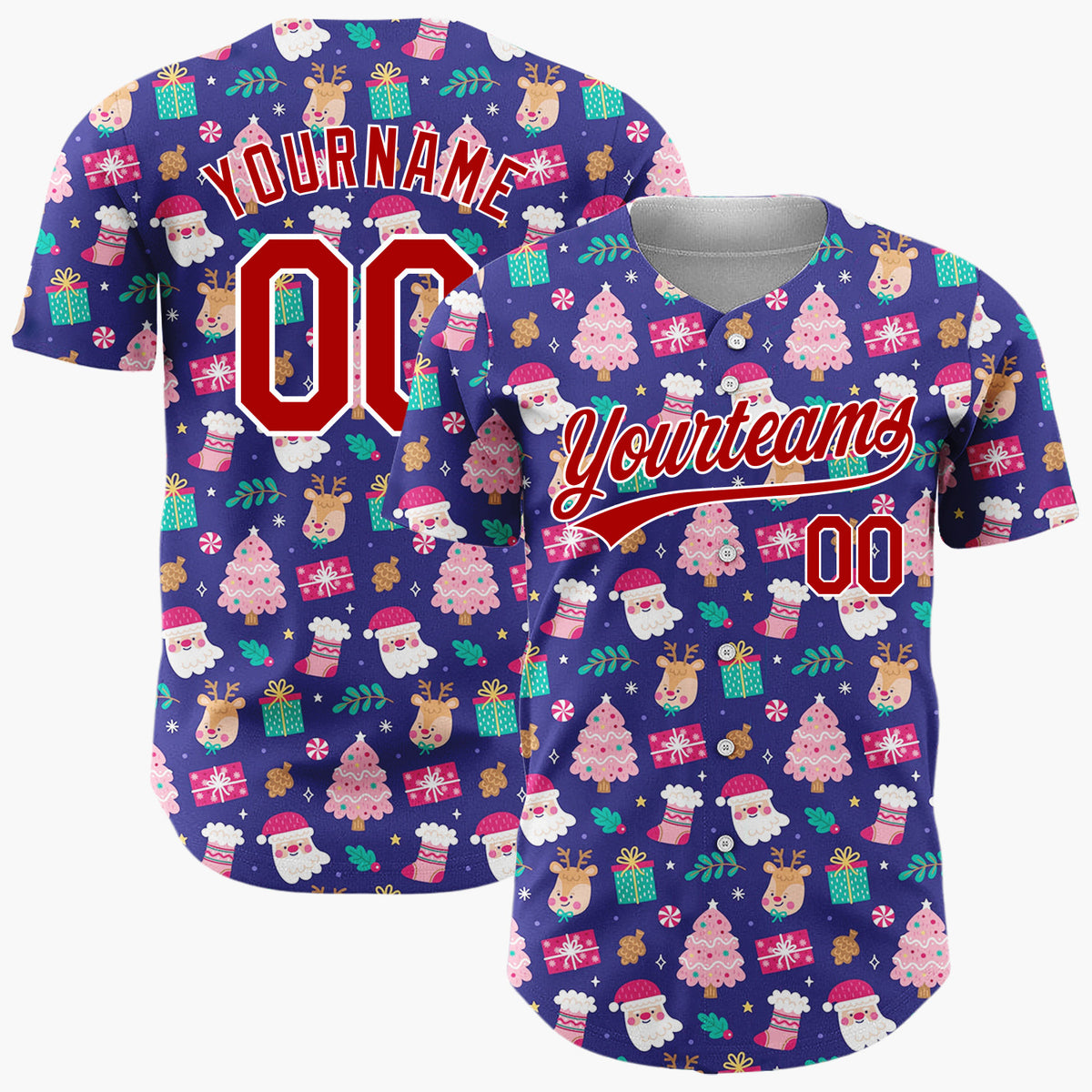 Custom Navy Pink Santa Reindeer And Gifts Cute Christmas Baseball Jersey