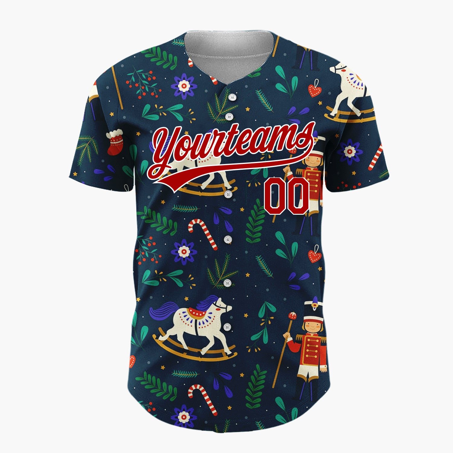 Custom Navy Red White Nutcrackers Rocking Horses And Foliage Christmas Folk Pattern Christmas Baseball Jersey