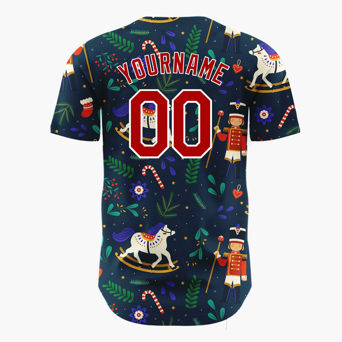 Custom Navy Red White Nutcrackers Rocking Horses And Foliage Christmas Folk Pattern Christmas Baseball Jersey