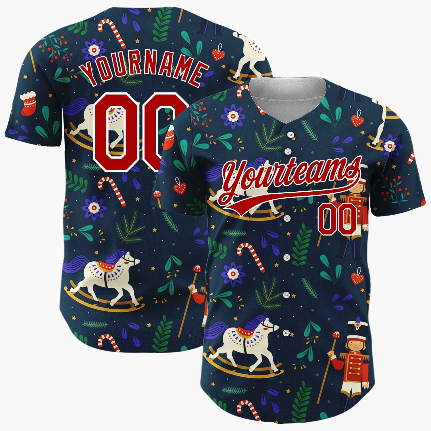 Custom Navy Red White Nutcrackers Rocking Horses And Foliage Christmas Folk Pattern Christmas Baseball Jersey