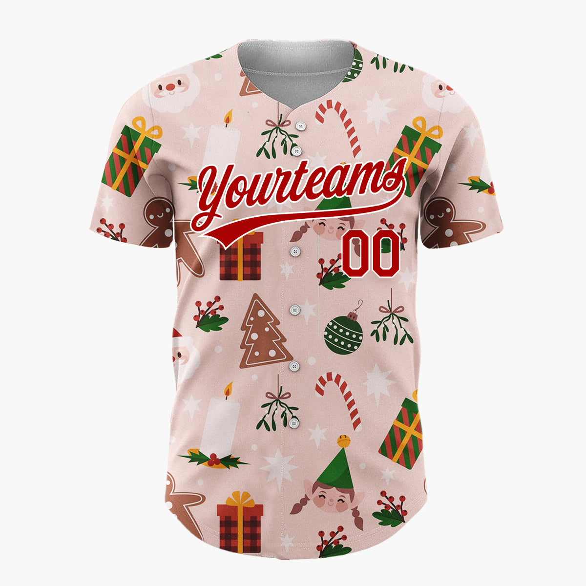Custom Pink Green Brown Santa Elves And Gingerbread Festive Christmas Baseball Jersey