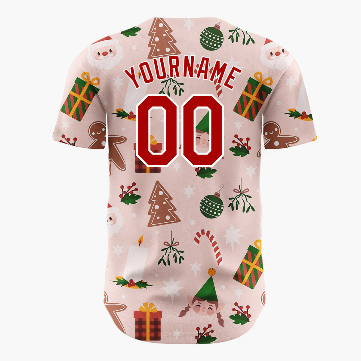 Custom Pink Green Brown Santa Elves And Gingerbread Festive Christmas Baseball Jersey