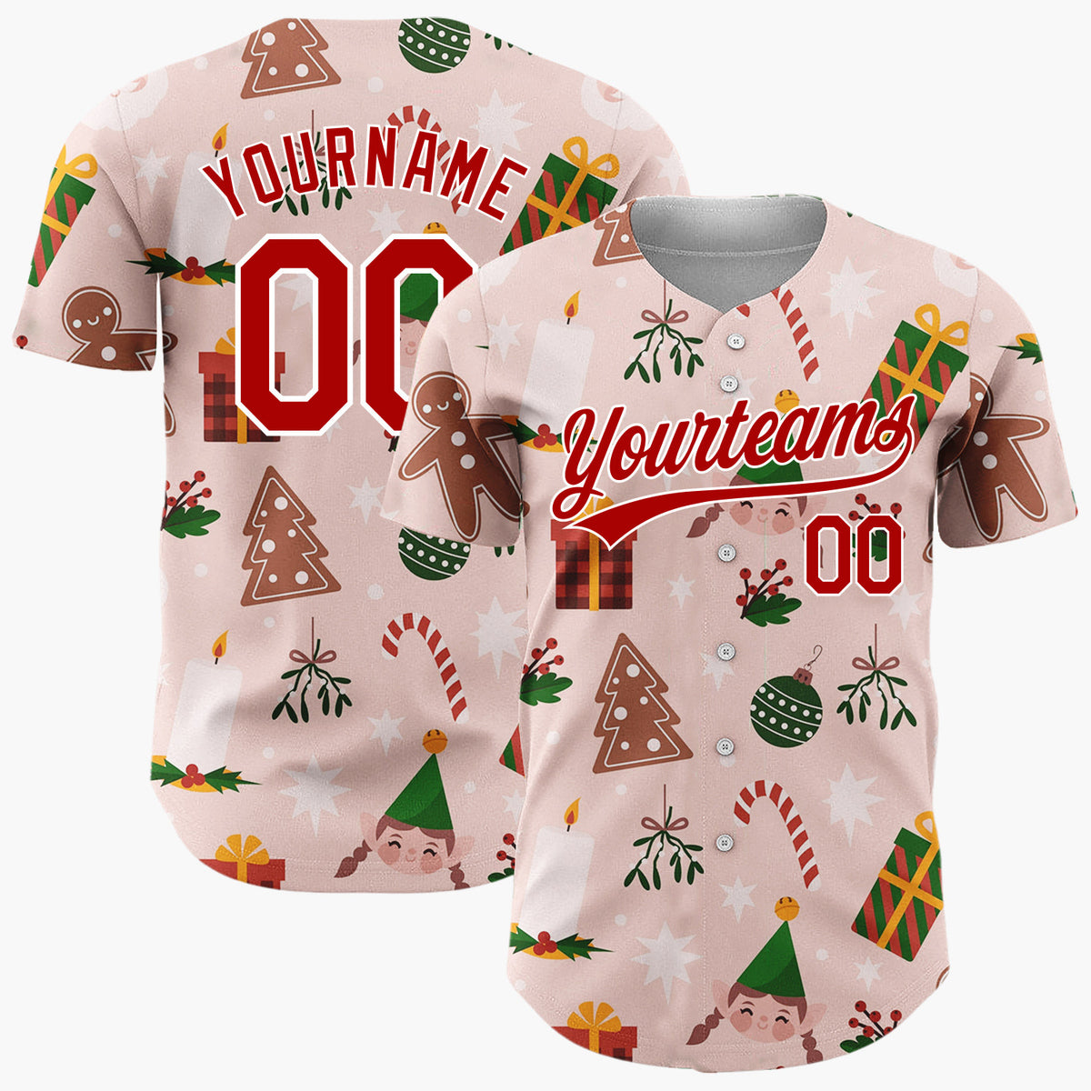 Custom Pink Green Brown Santa Elves And Gingerbread Festive Christmas Baseball Jersey