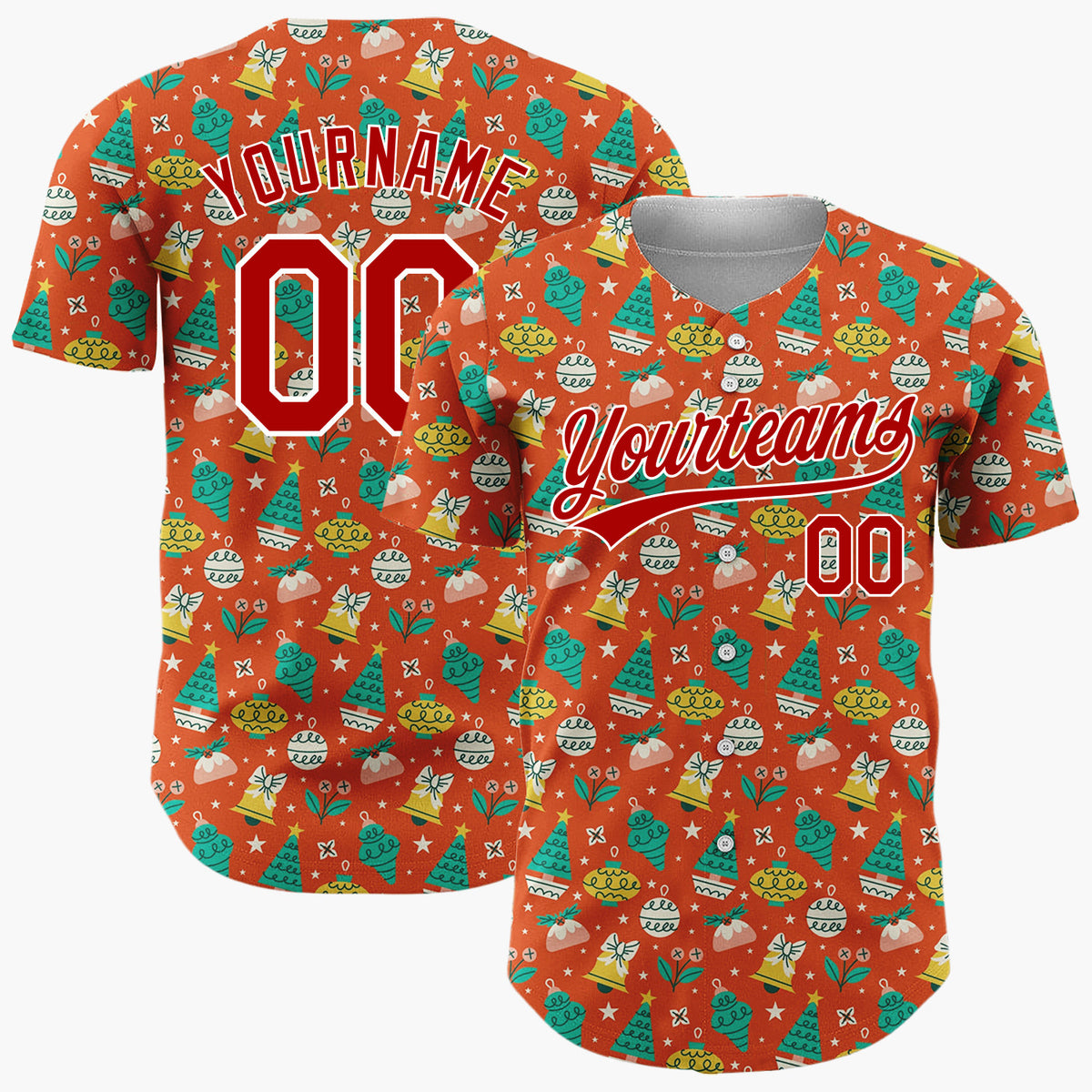 Custom Orange Holly Berries Festive Doodles Cartoon Pattern Christmas Baseball Jersey