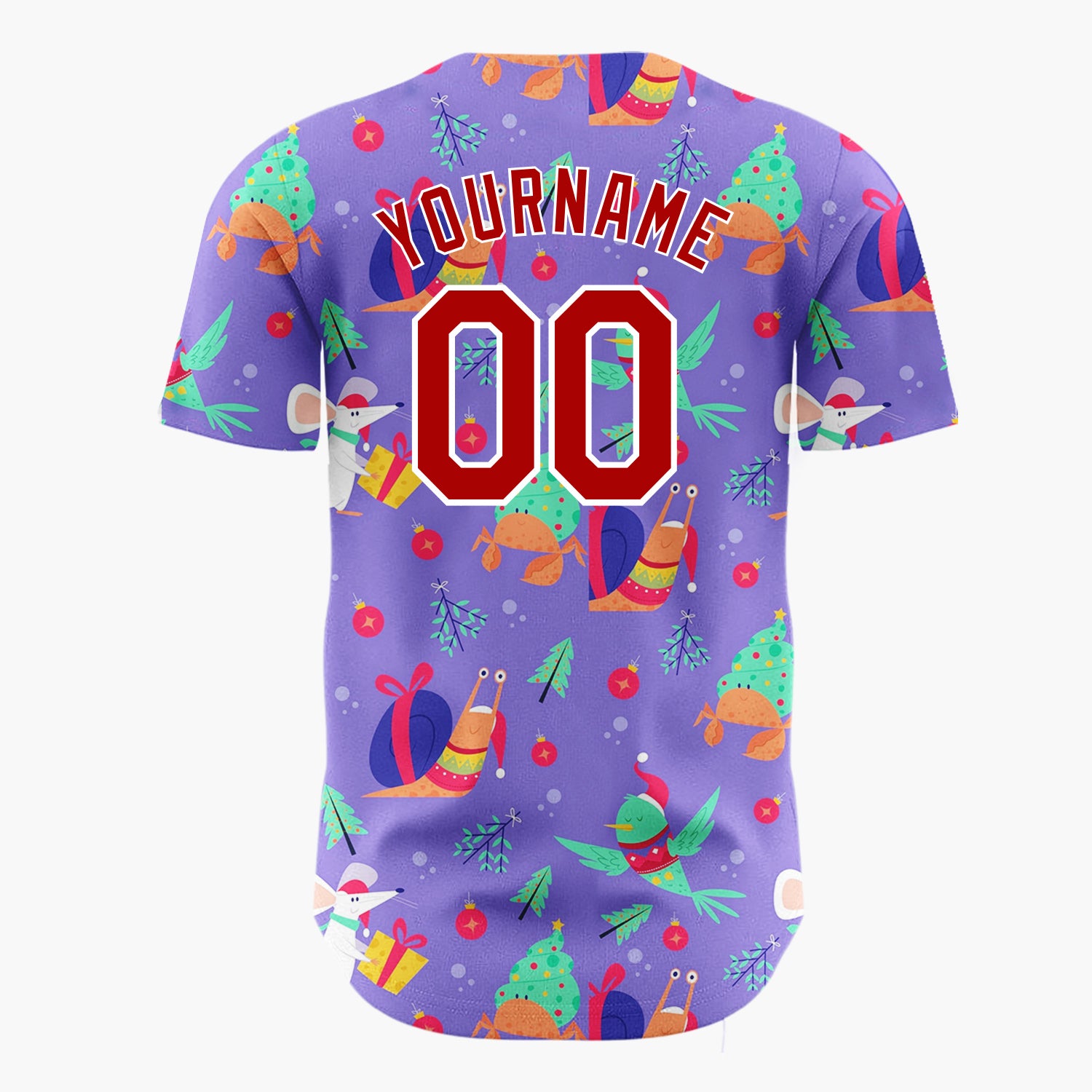 Custom Purple Multicolor Snail Crab Mouse Festive Animal Pattern Christmas Baseball Jersey