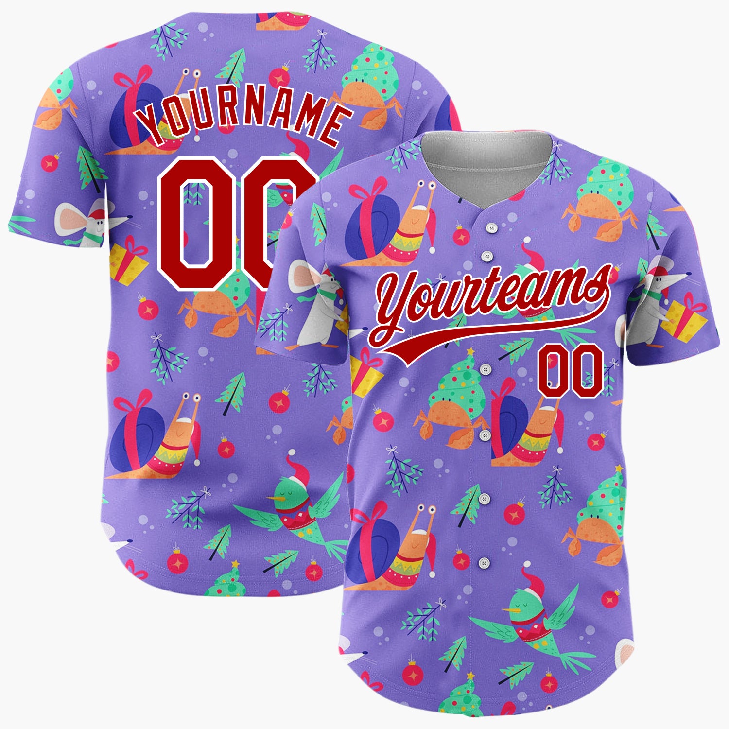 Custom Purple Multicolor Snail Crab Mouse Festive Animal Pattern Christmas Baseball Jersey