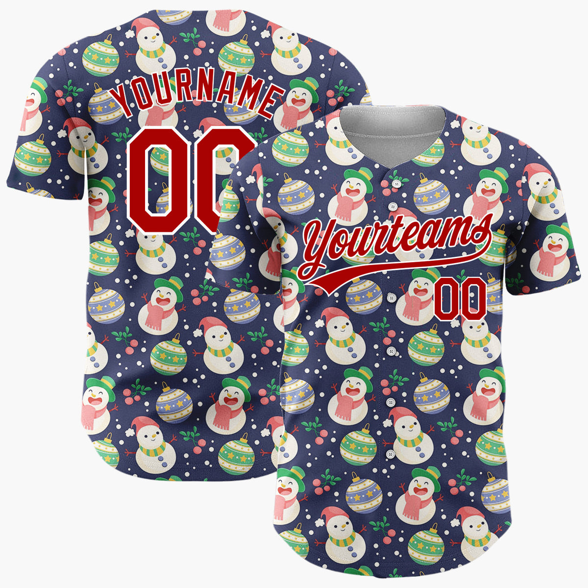 Custom Purple Snowman Penguin Whimsical Cartoon Pattern Christmas Baseball Jersey