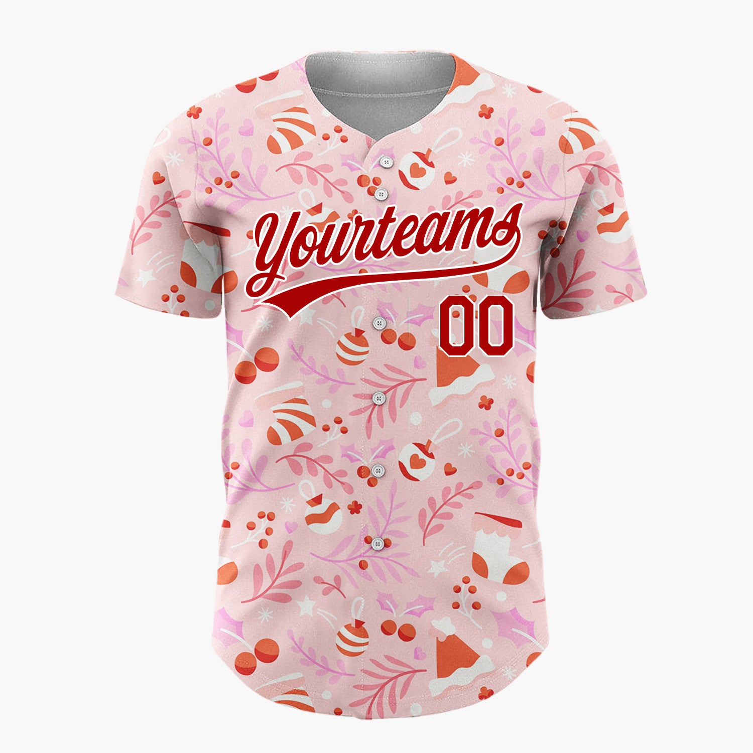 Custom Pink Red Ornaments Stockings And Berries Festive Pattern Christmas Baseball Jersey